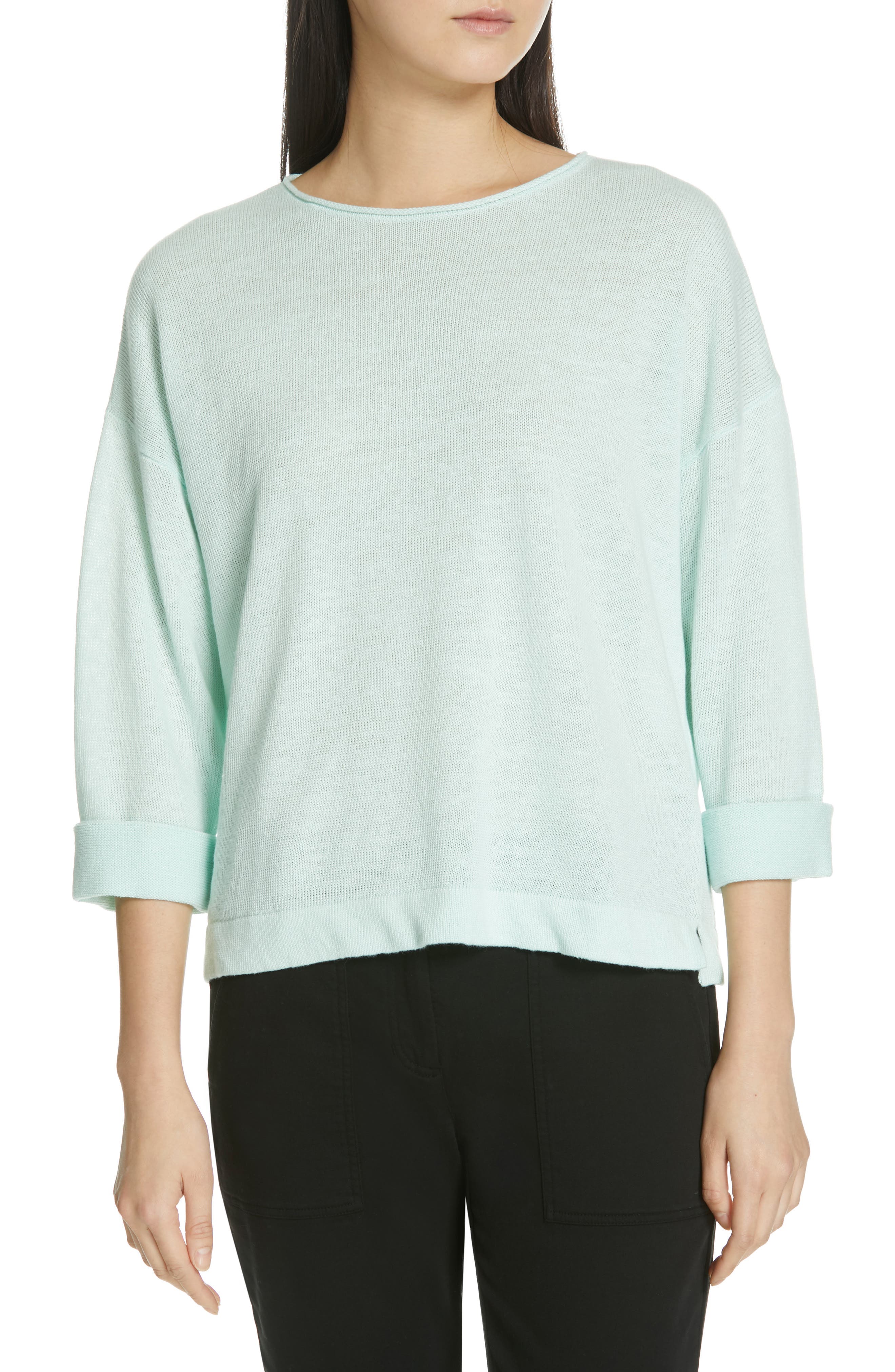 Eileen Fisher Round Neck Organic Linen Top, Blue