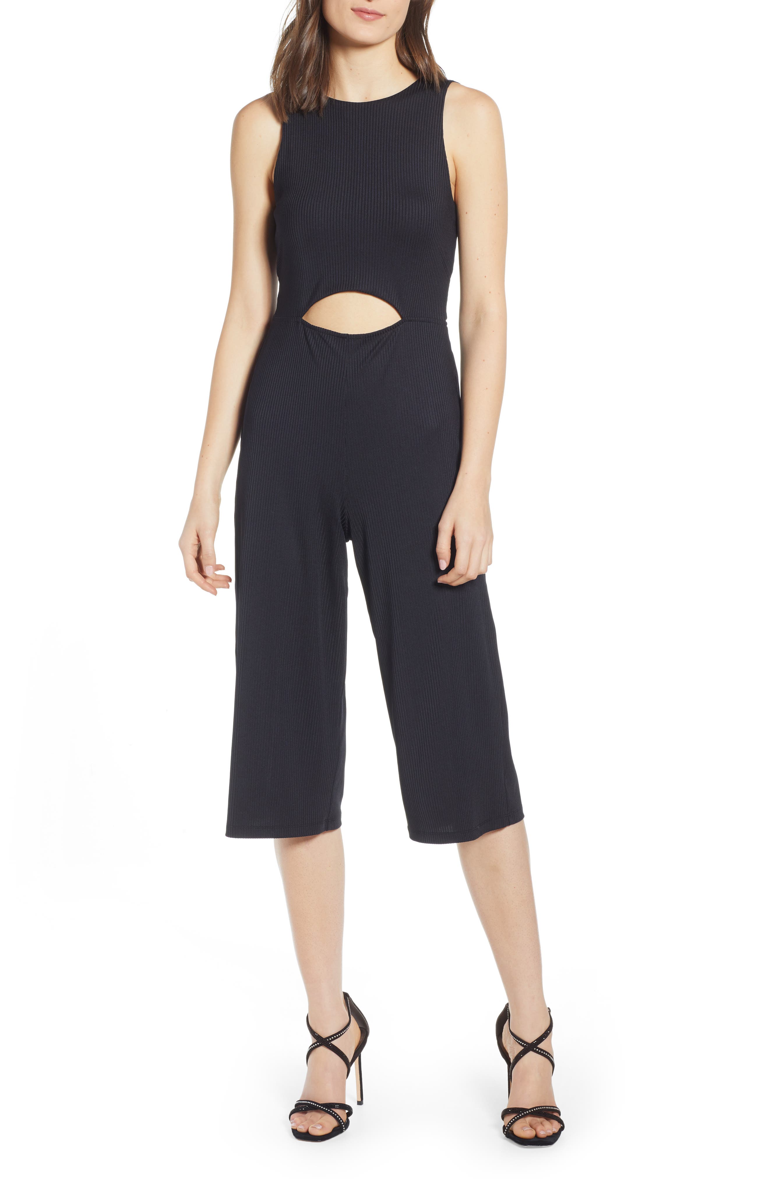 Leith Sleeveless Ribbed Cutout Jumpsuit, Black