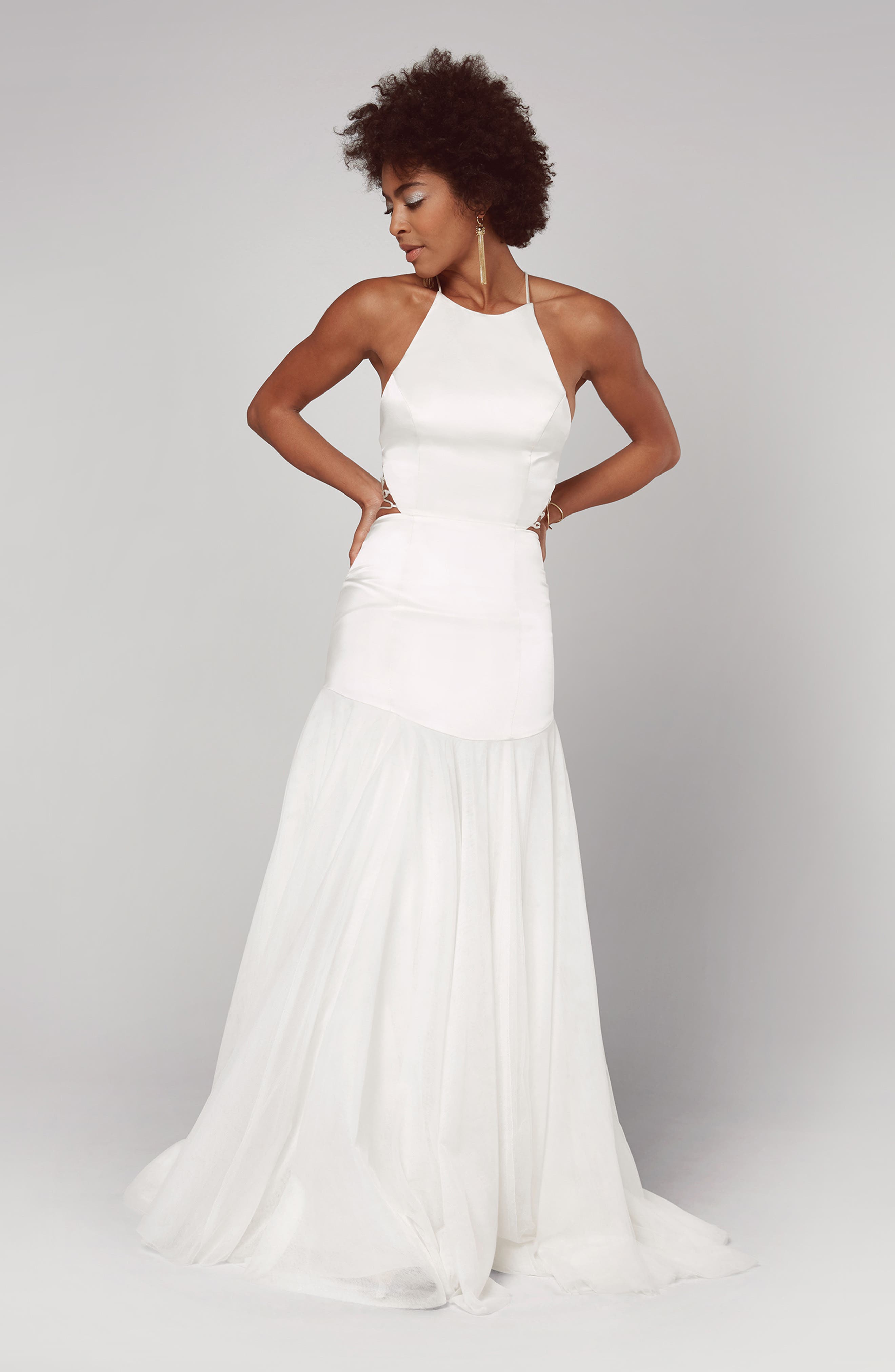Fame & Partners Alexandrina Strappy Satin & Tulle Mermaid Gown, 8 (similar to 16W-18W) - White