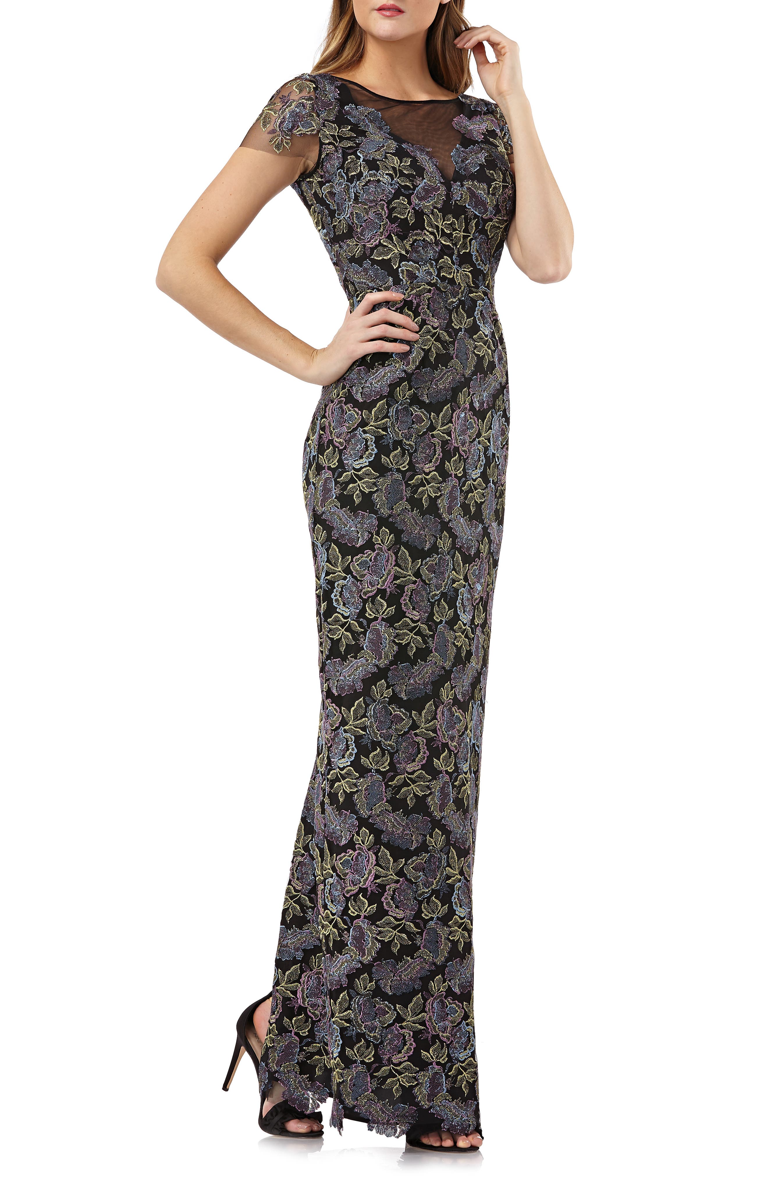 Js Collections Metallic Floral Embroidered Gown, Black