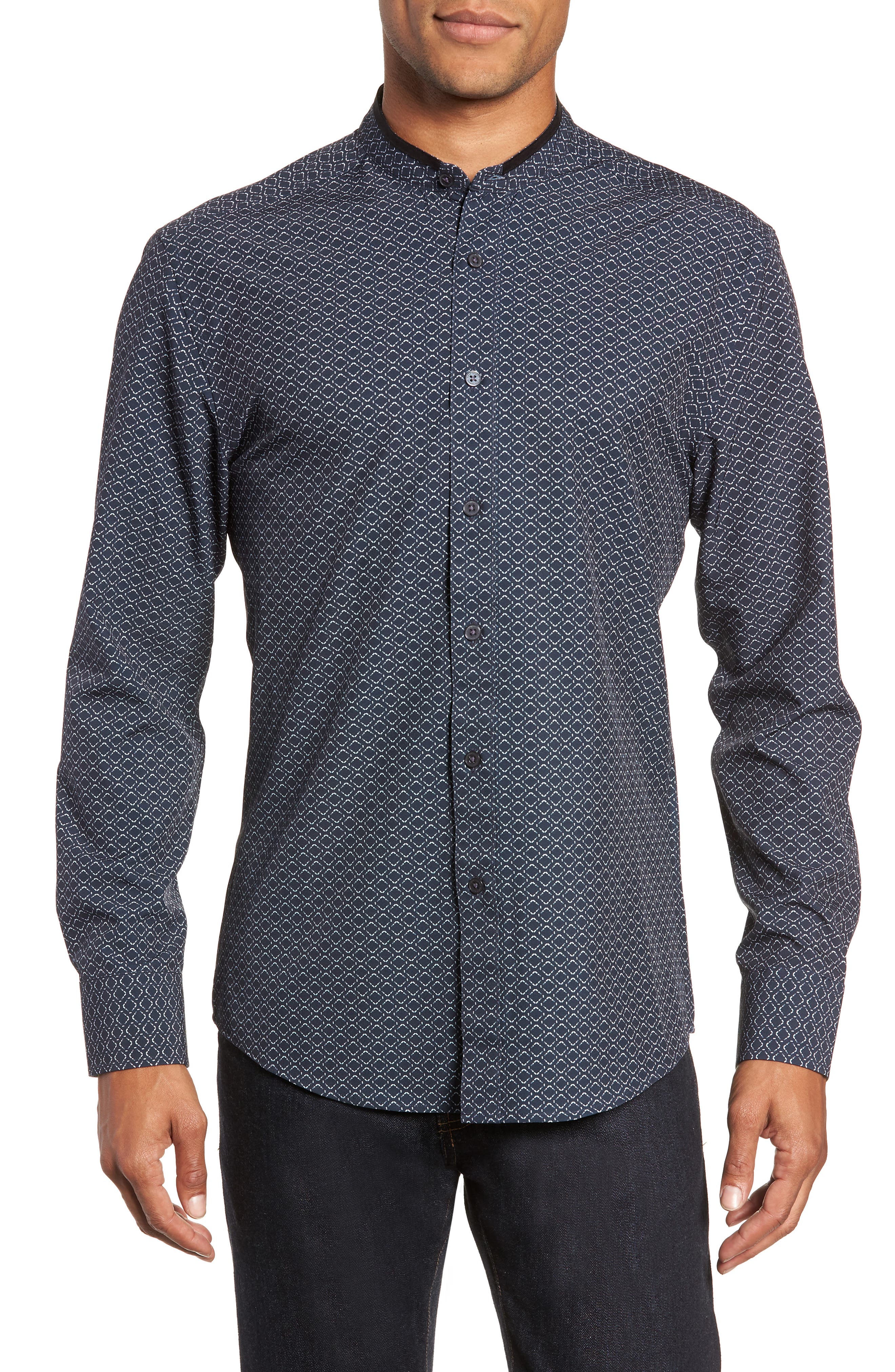 Vince Camuto Band Collar Performance Knit Sport Shirt, Blue