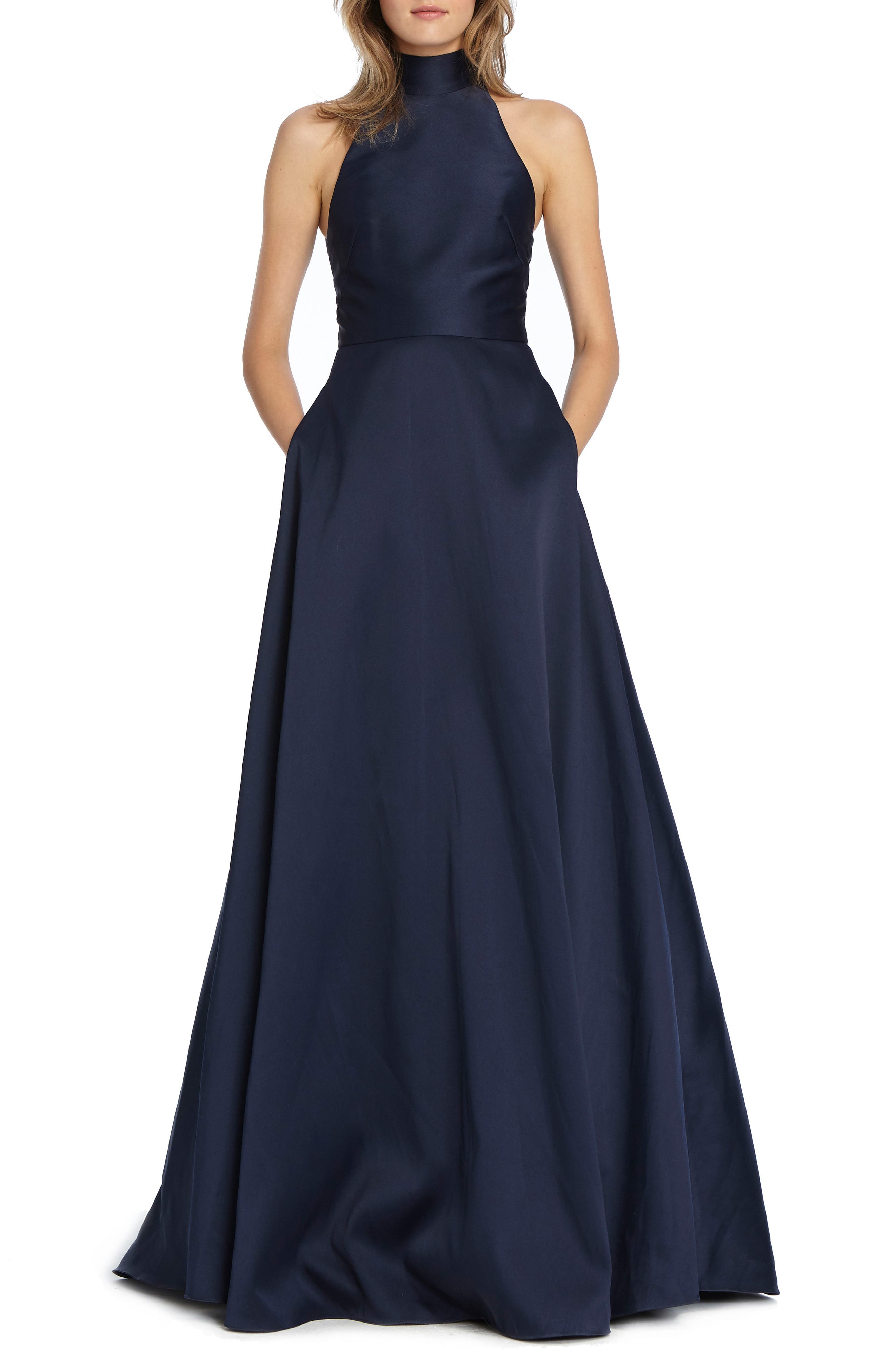 Ml Monique Lhuillier Satin Mock Neck Evening Dress