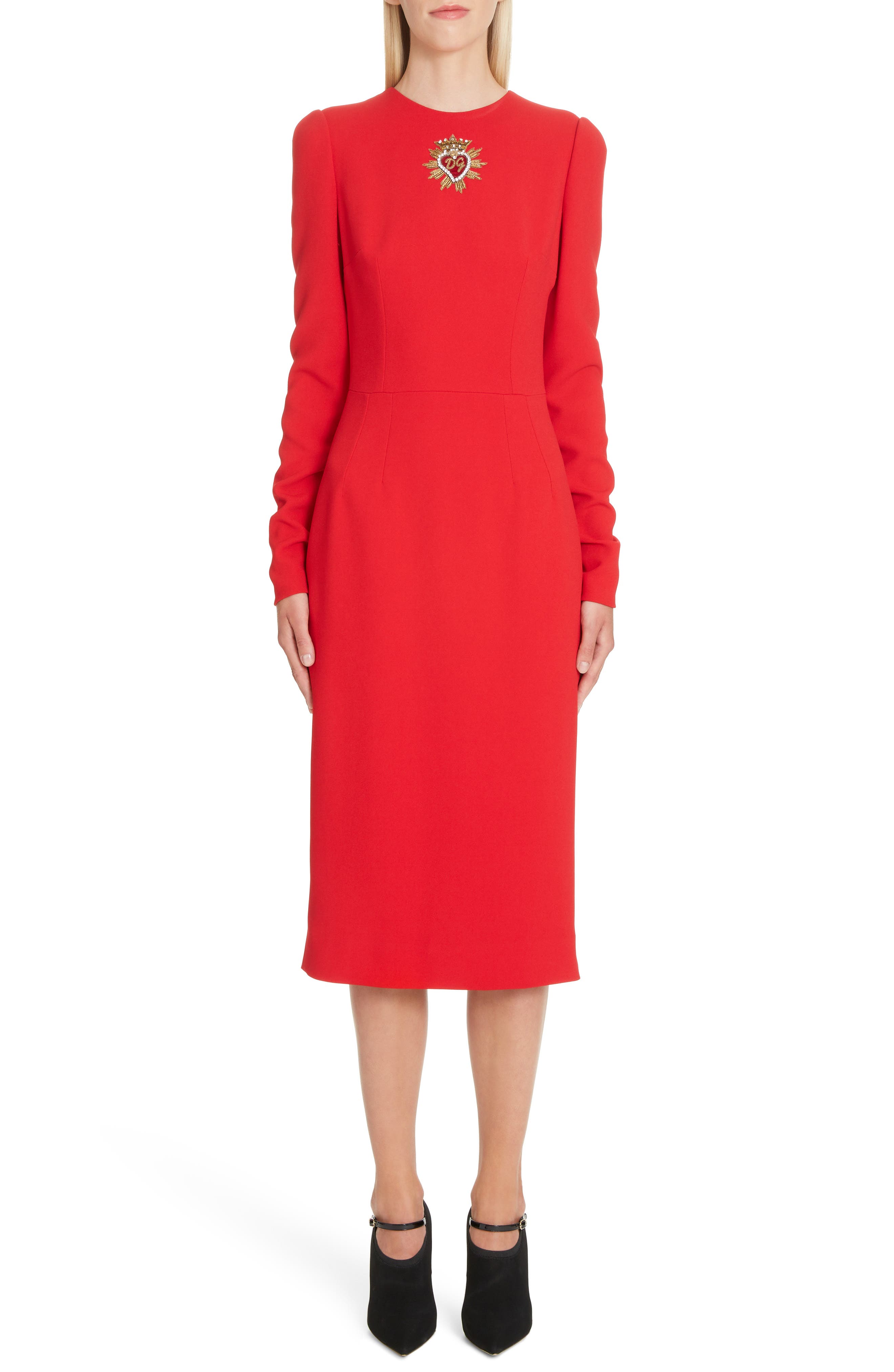 Dolce & gabbana Sacred Heart Patch Cady Pencil Dress, US / 40 IT - Red
