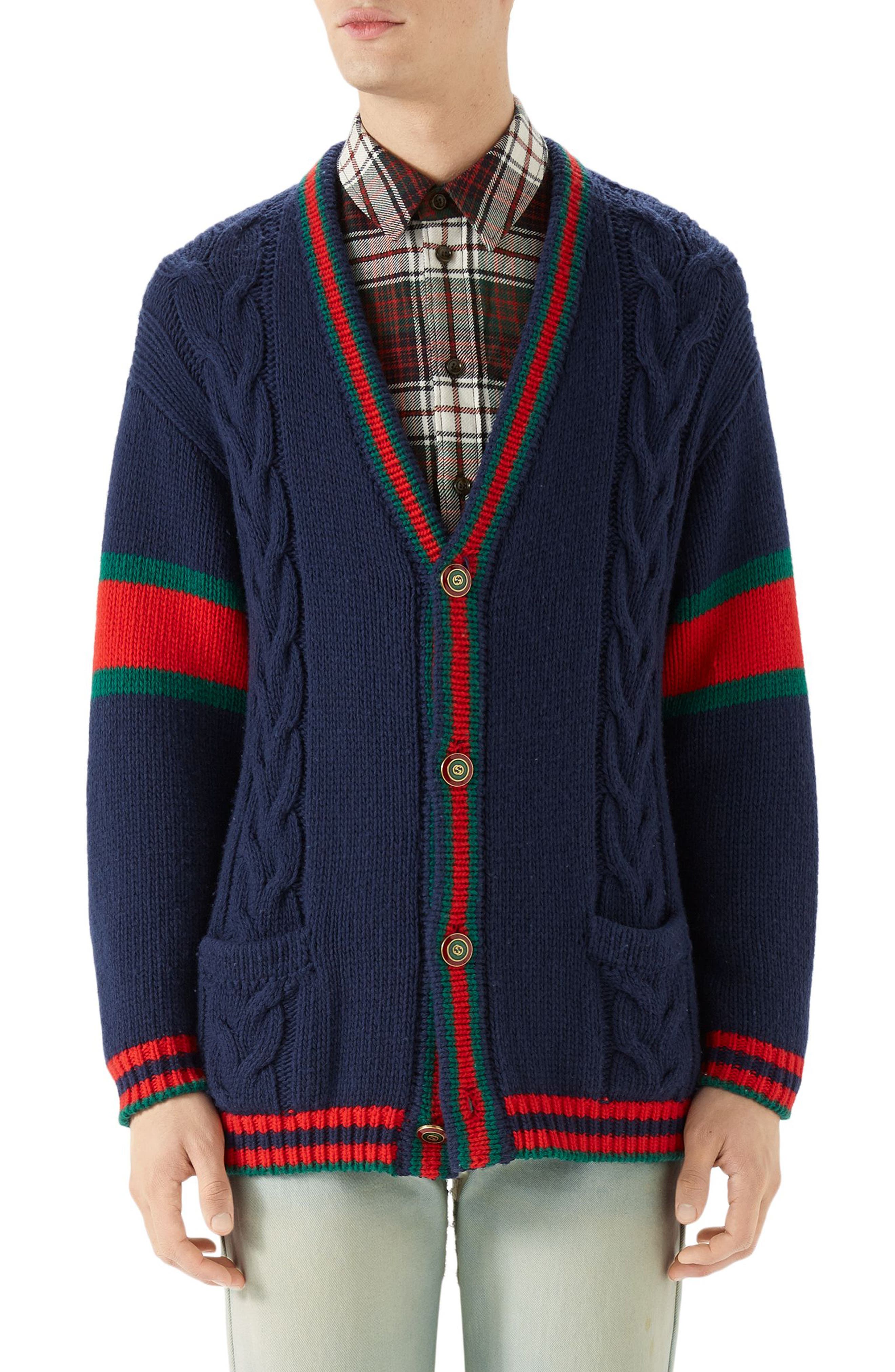Gucci Web Cable Knit Wool Cardigan, Blue