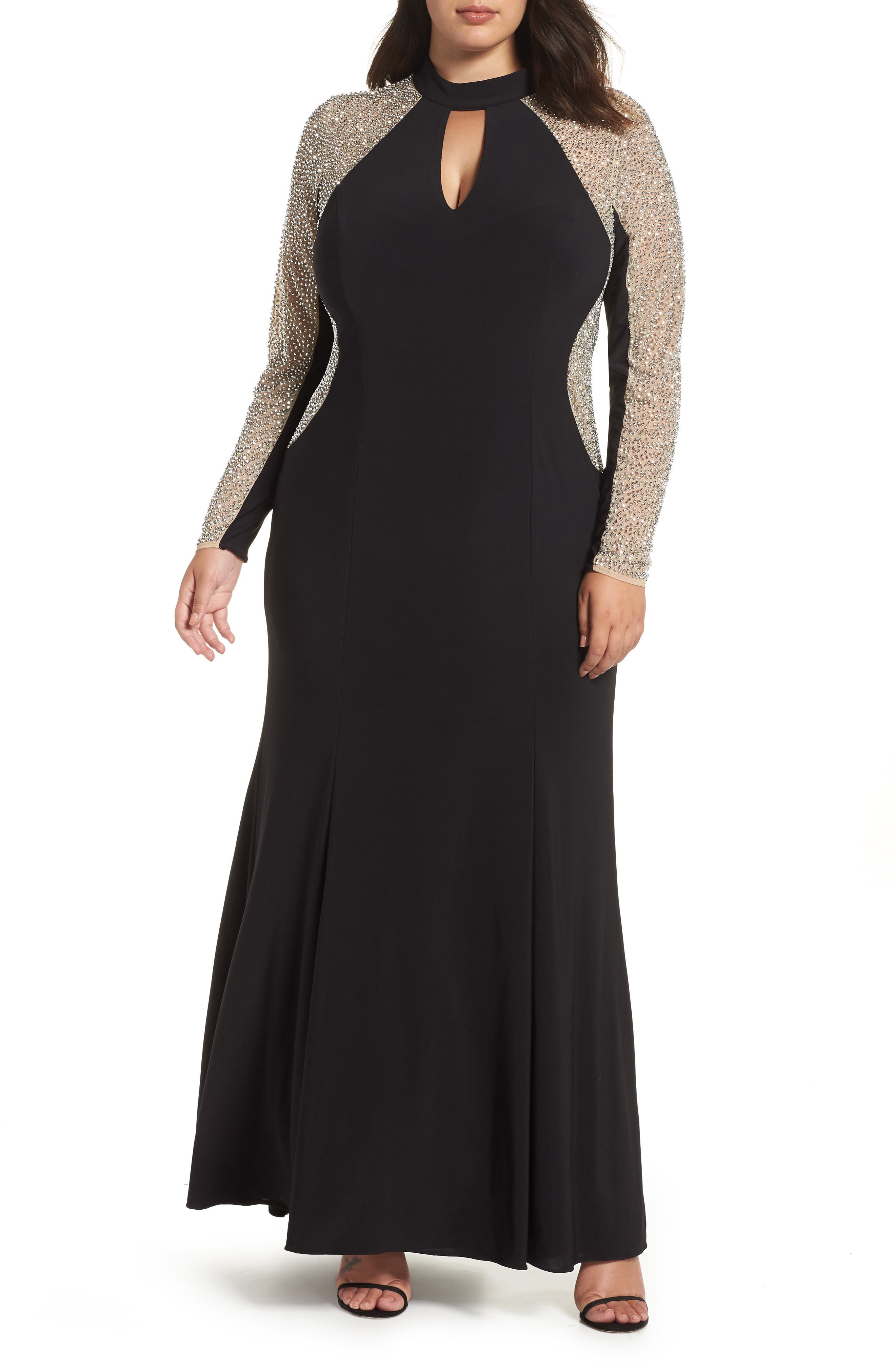 Plus Size Xscape Beaded A-Line Gown, Black