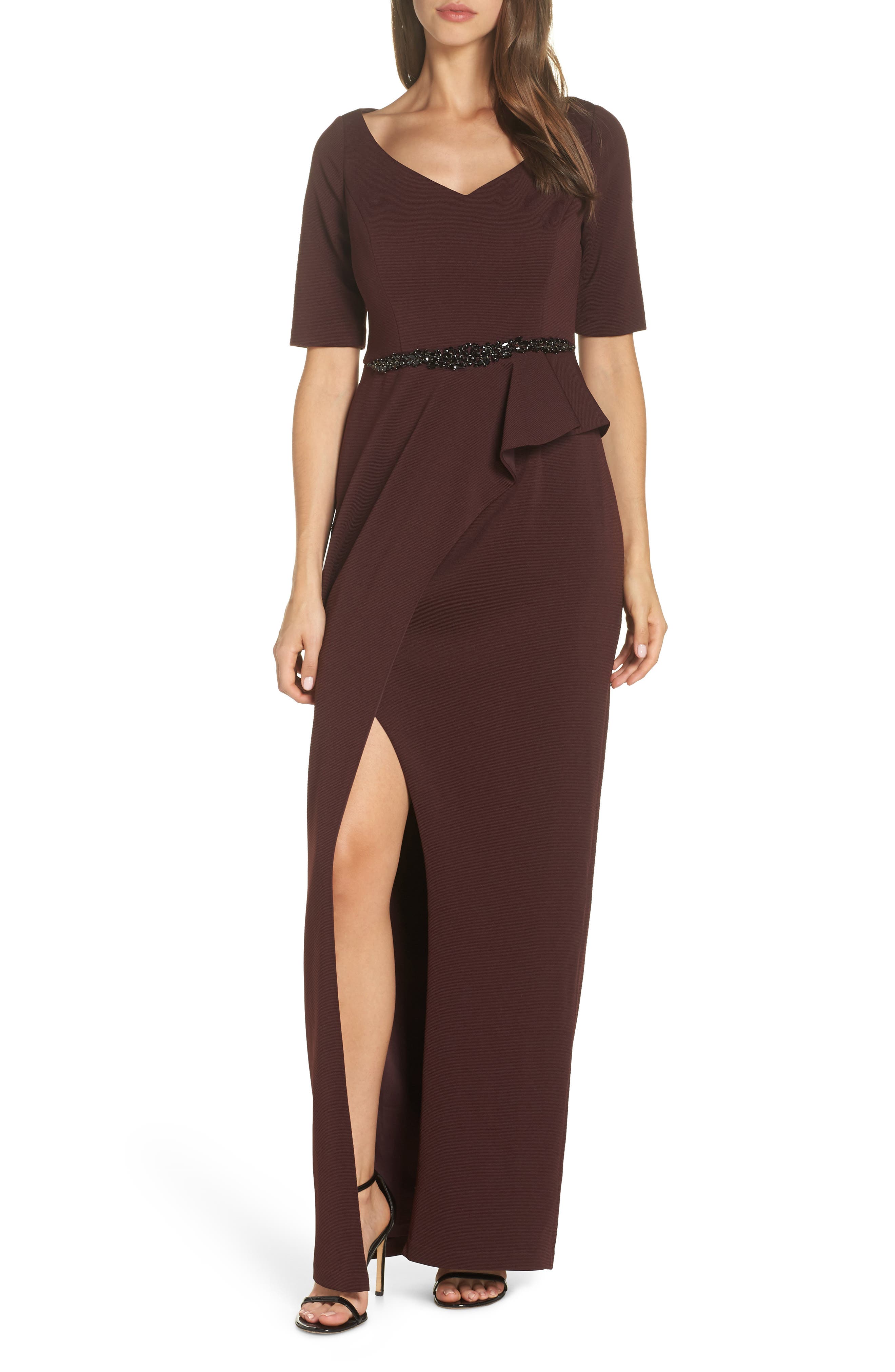Adrianna Papell Jeweled Front Belt Crepe Gown