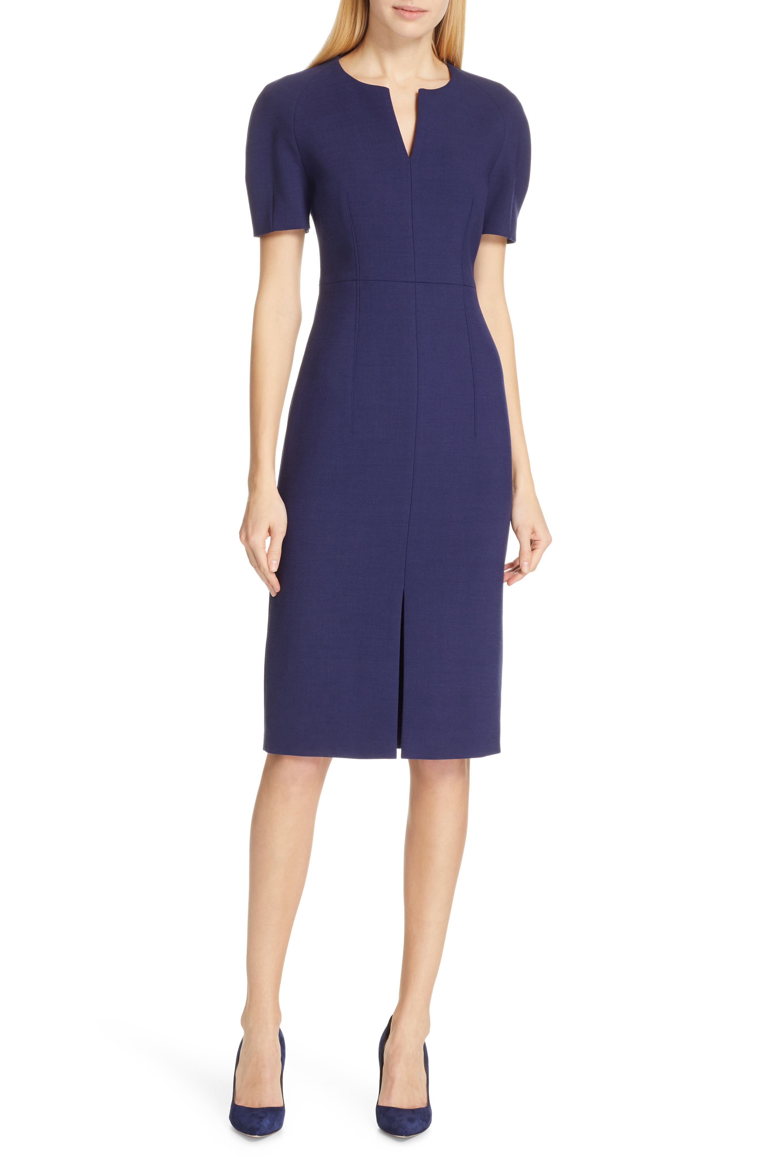 Boss Darera Short Sleeve Ponte Sheath Dress, Blue