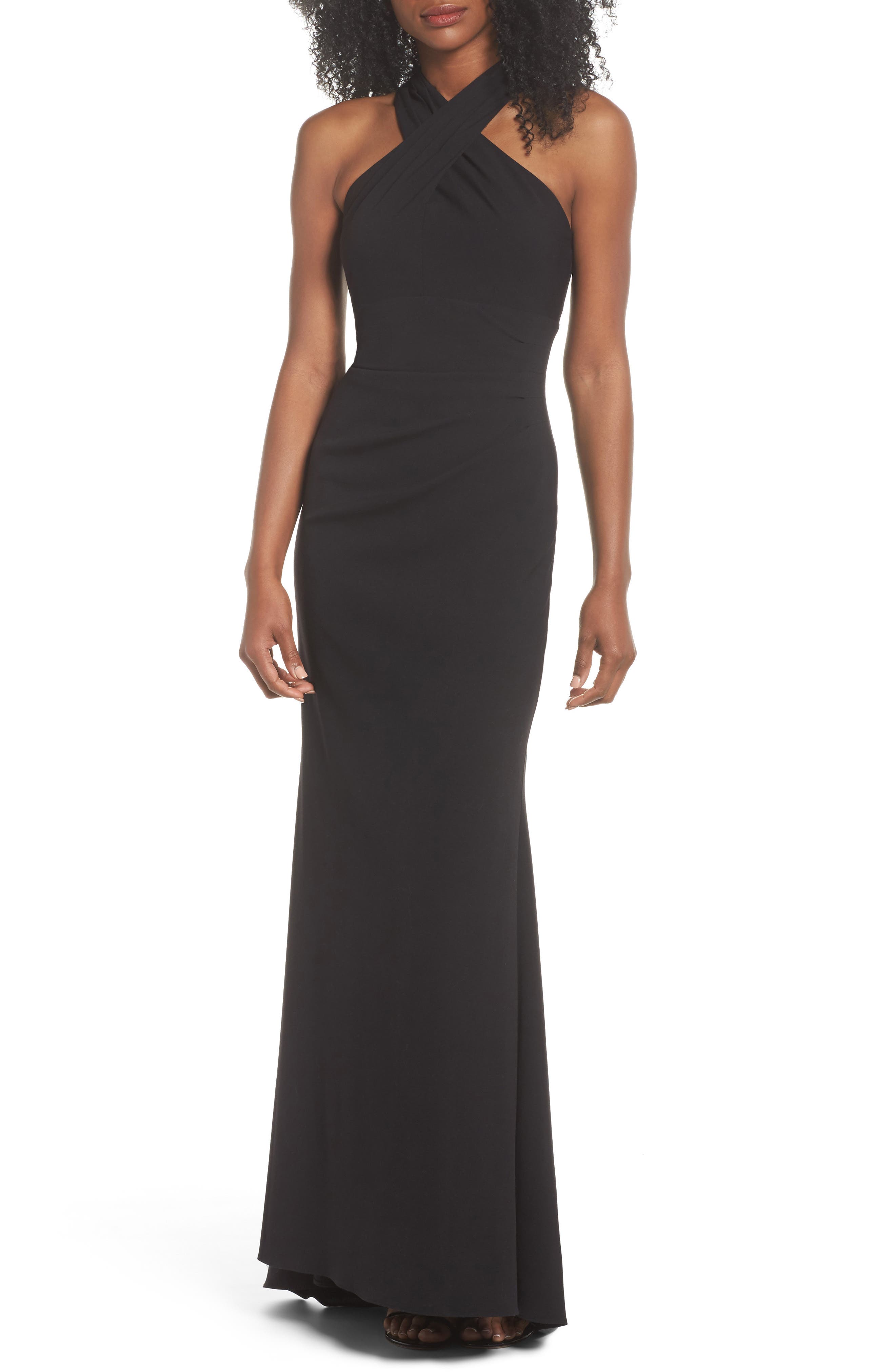 Eliza J Side Pleat Crossneck Gown, Black