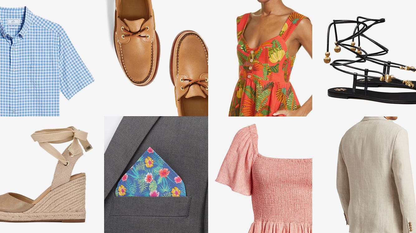A collage of sundresses, sandals, sport coats, loafers, a pocket square and short-sleeve button-down shirt.