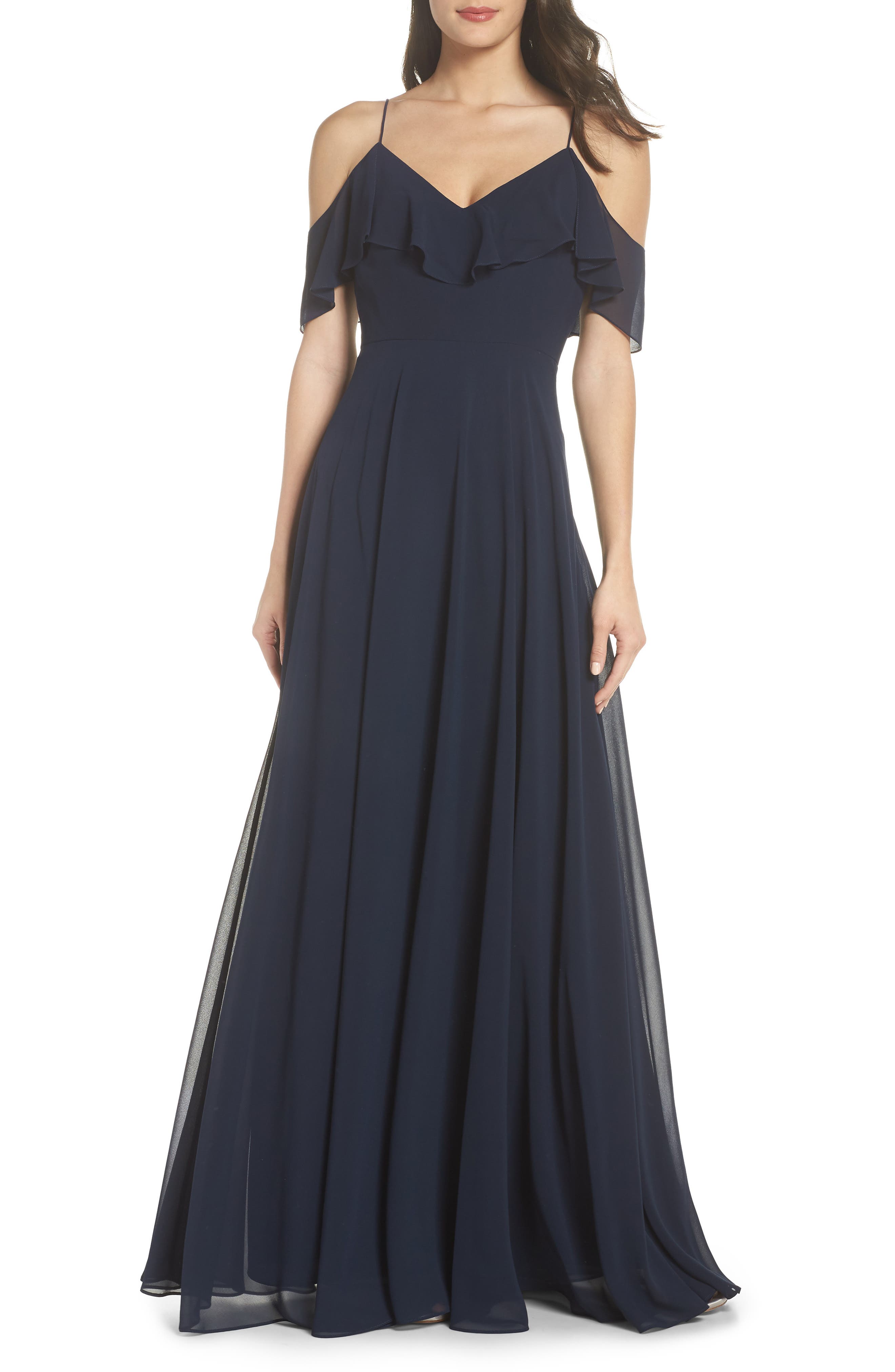 Jenny Yoo Cold Shoulder Chiffon Gown, Blue