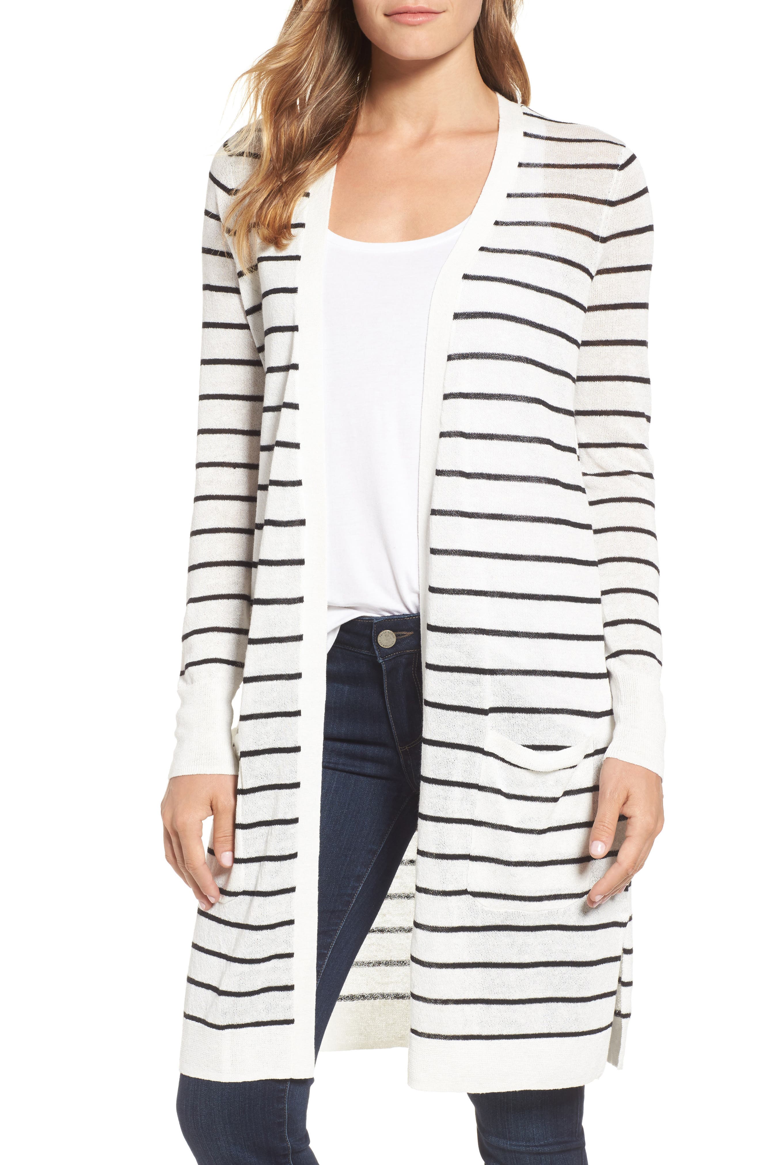 Petite Halogen Long Linen Blend Cardigan, Ivory