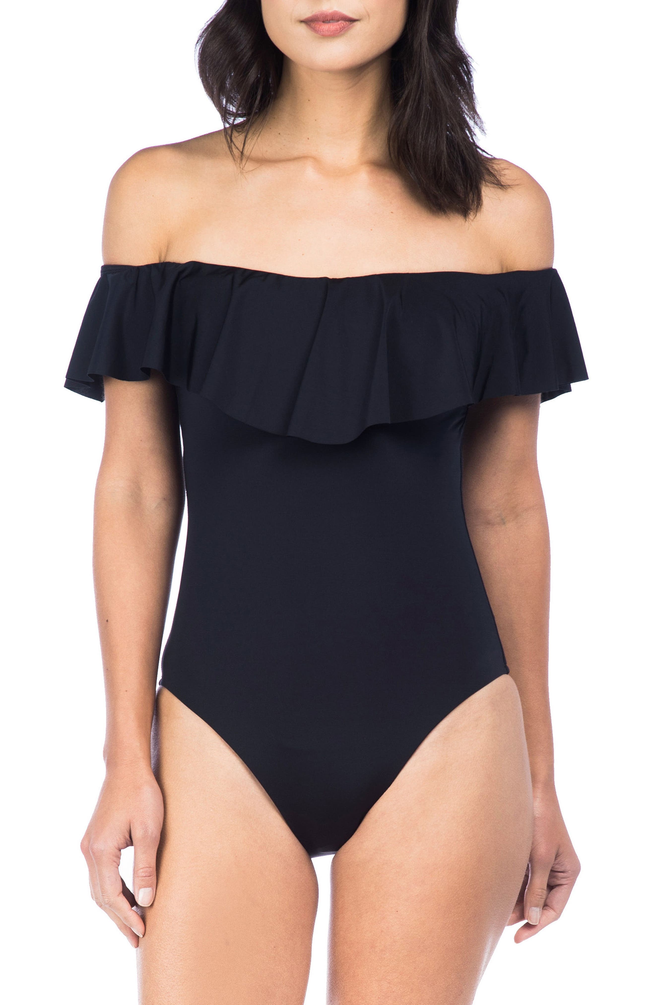 Trina Turk Off The Shoulder One-Piece Swimsuit, Black