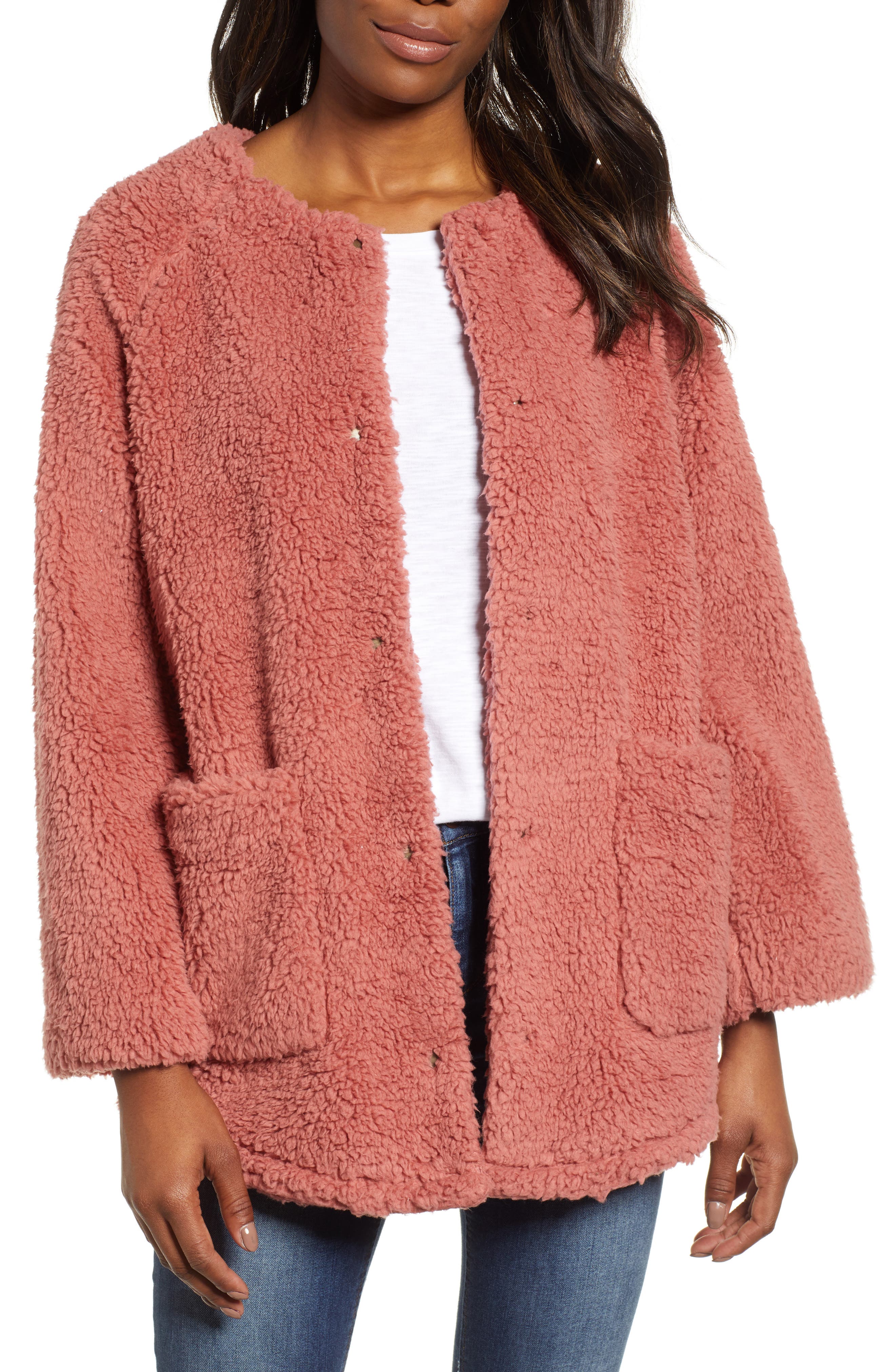 Caslon Fuzzy Fleece Jacket, Pink