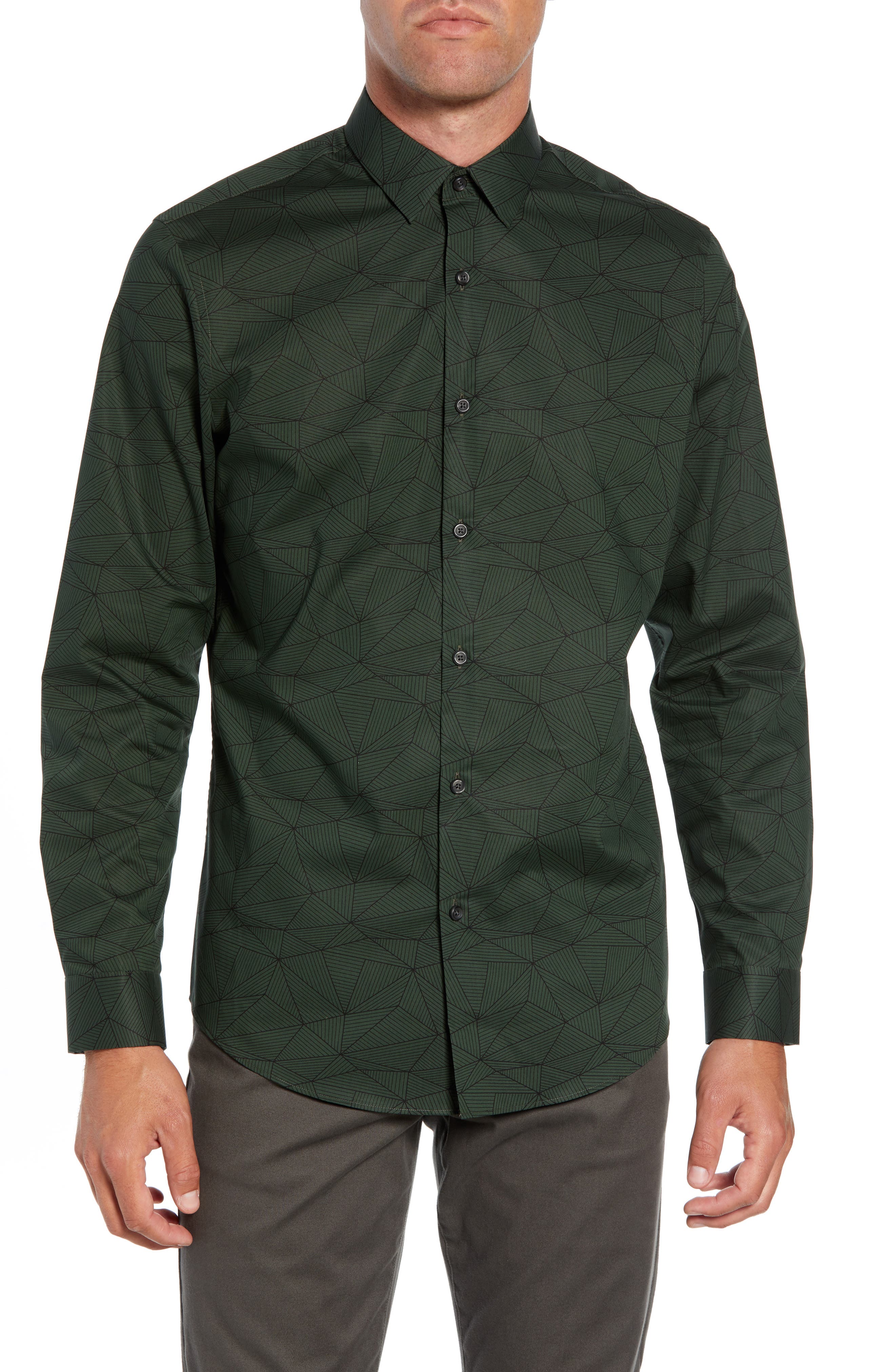 Calibrate Non-Iron Geo Print Sport Shirt, Green