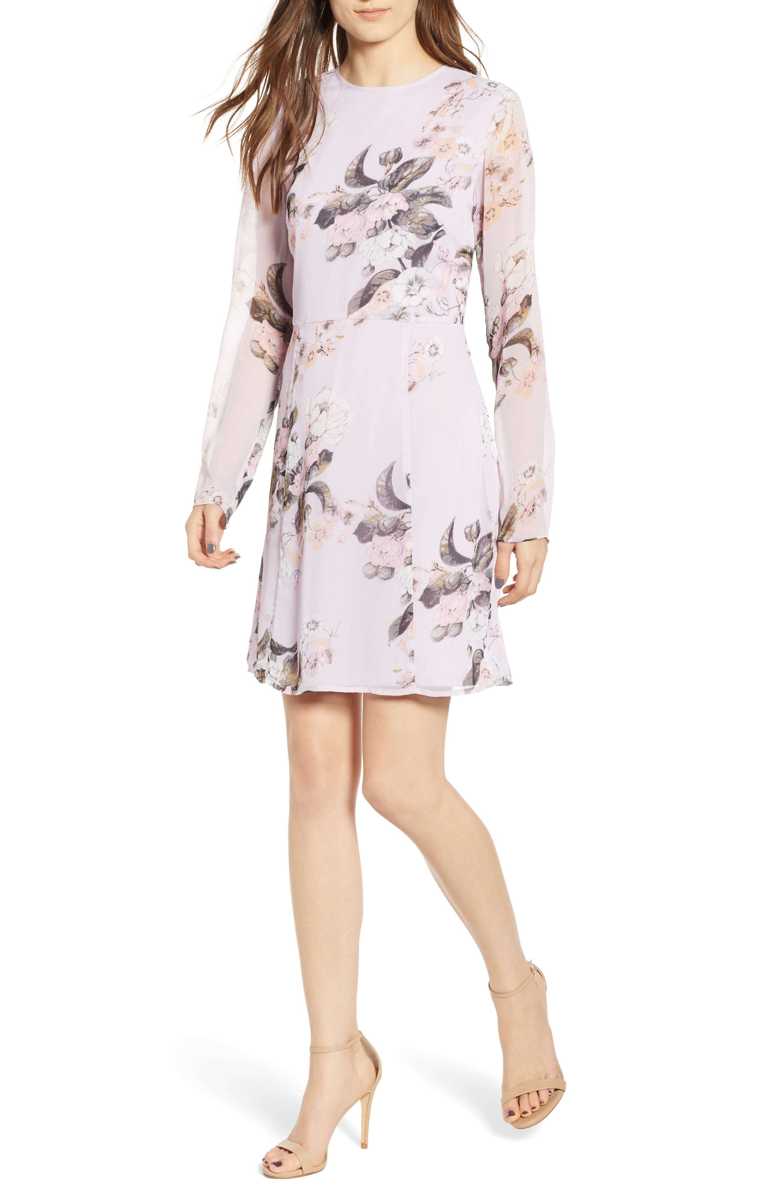 Leith Long Sheer Sleeve Floral Dress, Purple