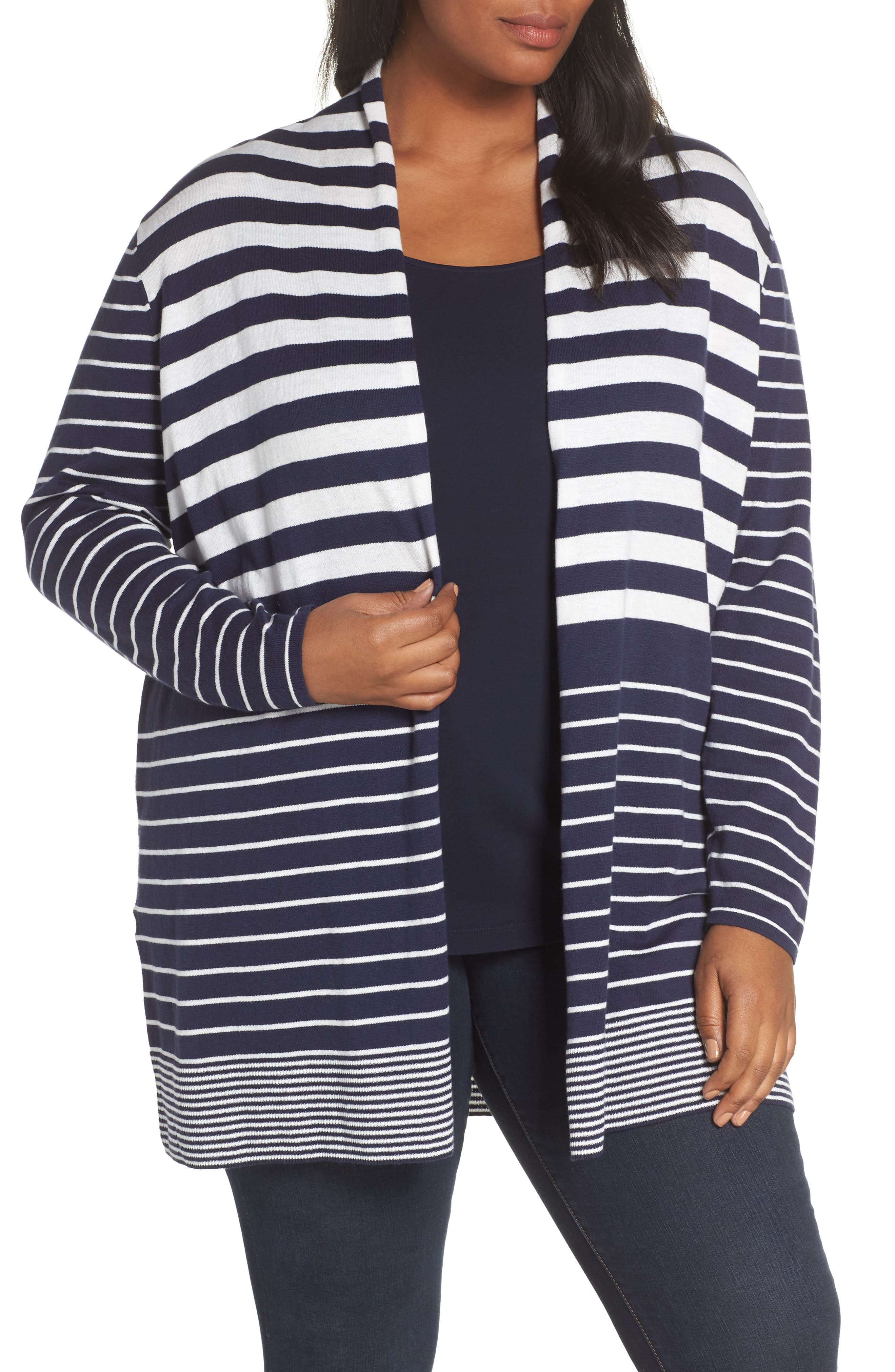 Plus Size Sejour Stripe Open Front Cardigan, Blue