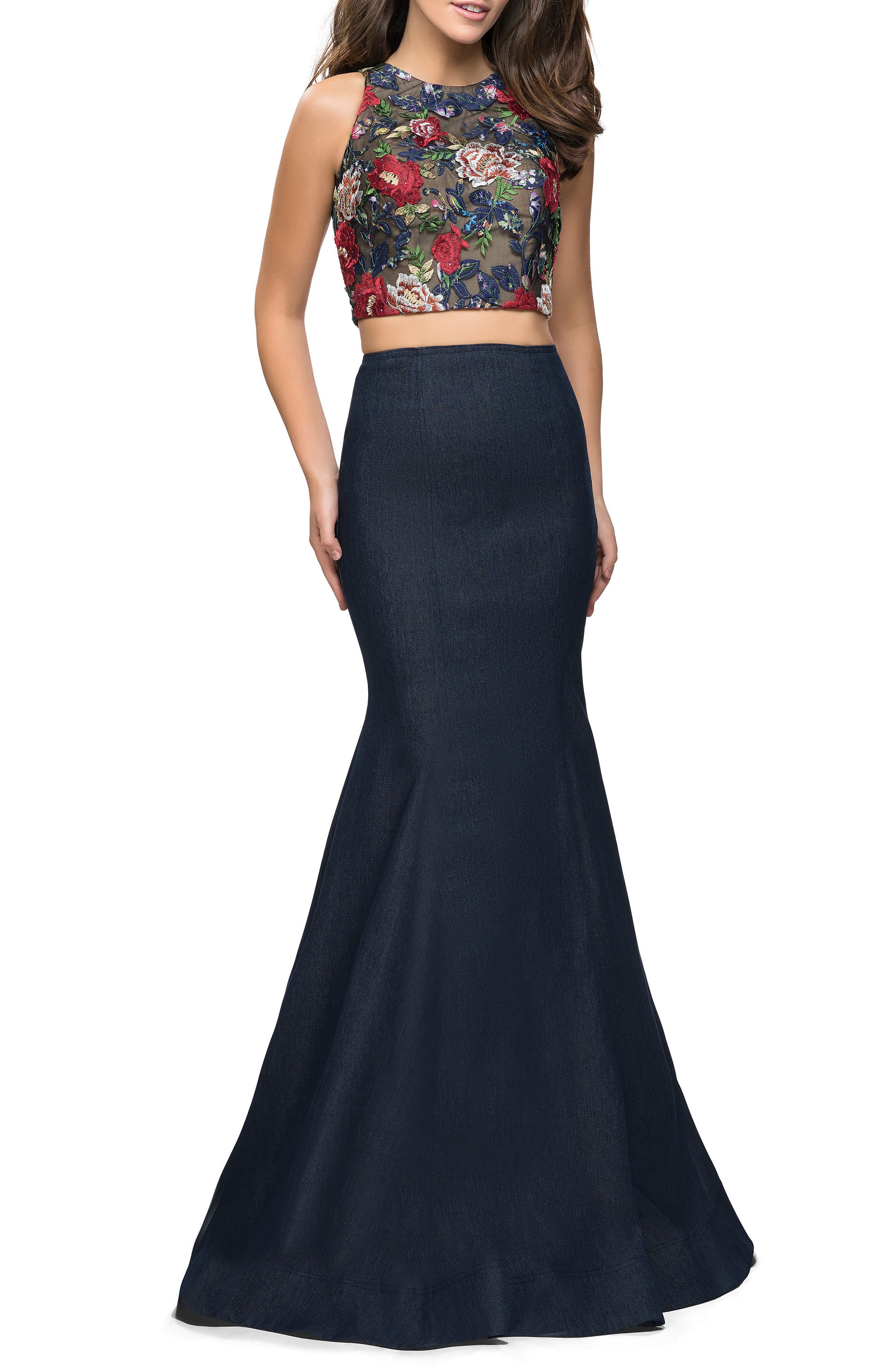 La Femme Two-Piece Denim Mermaid Gown, Blue