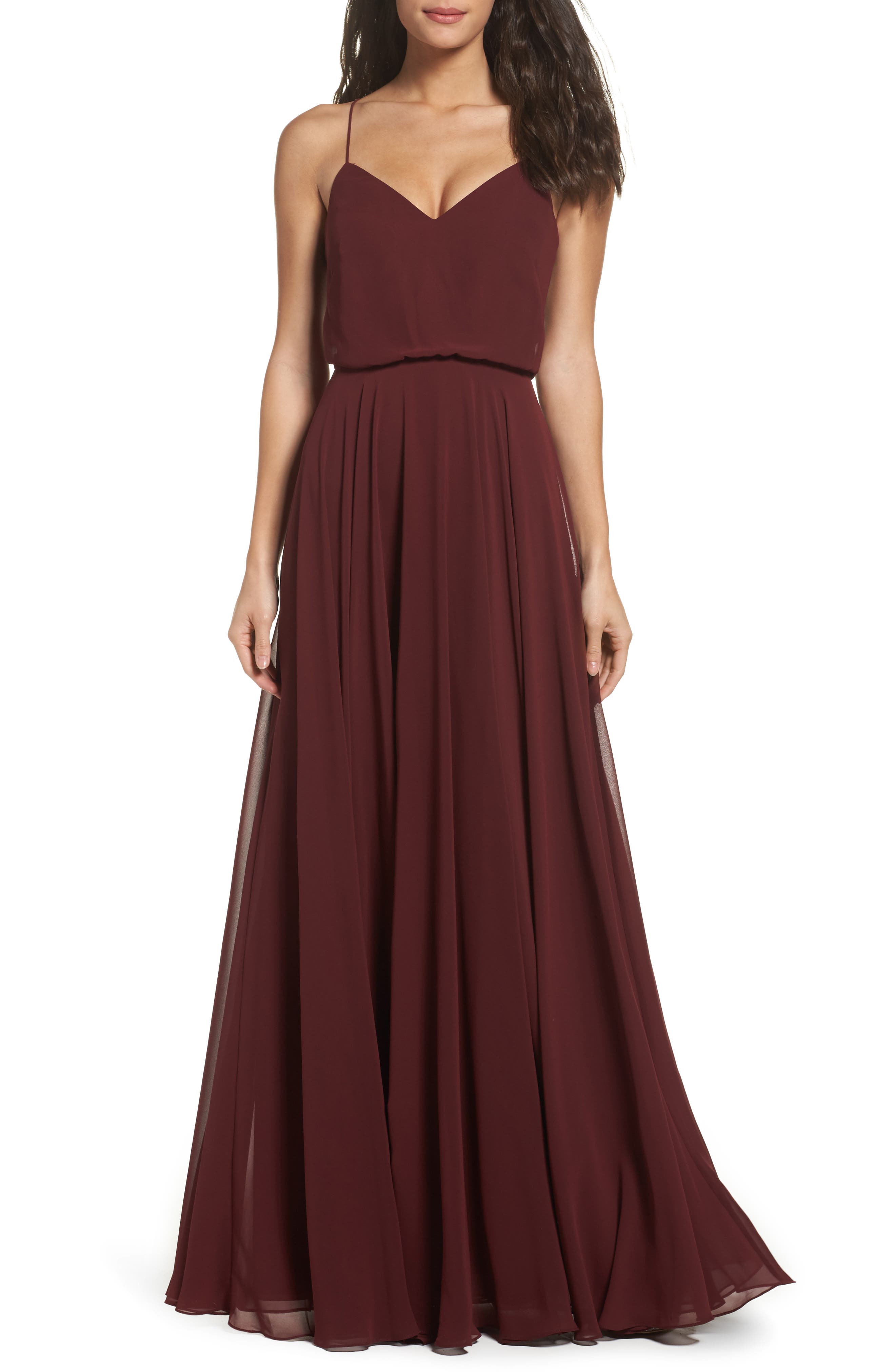 Jenny Yoo Inesse Chiffon V-Neck Spaghetti Strap Gown, Burgundy