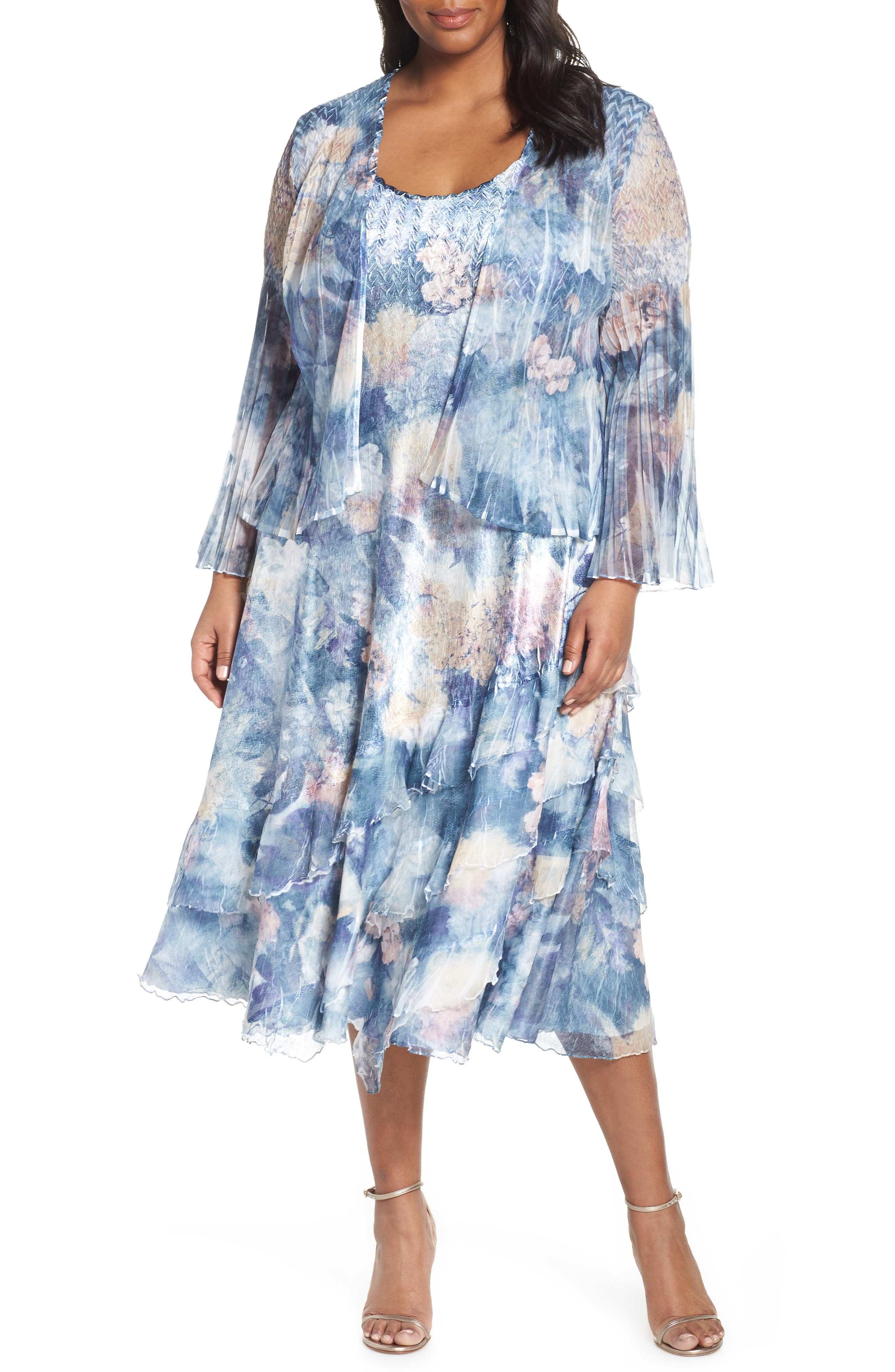 Plus Size Komarov Floral Print Midi Dress & Jacket, Blue