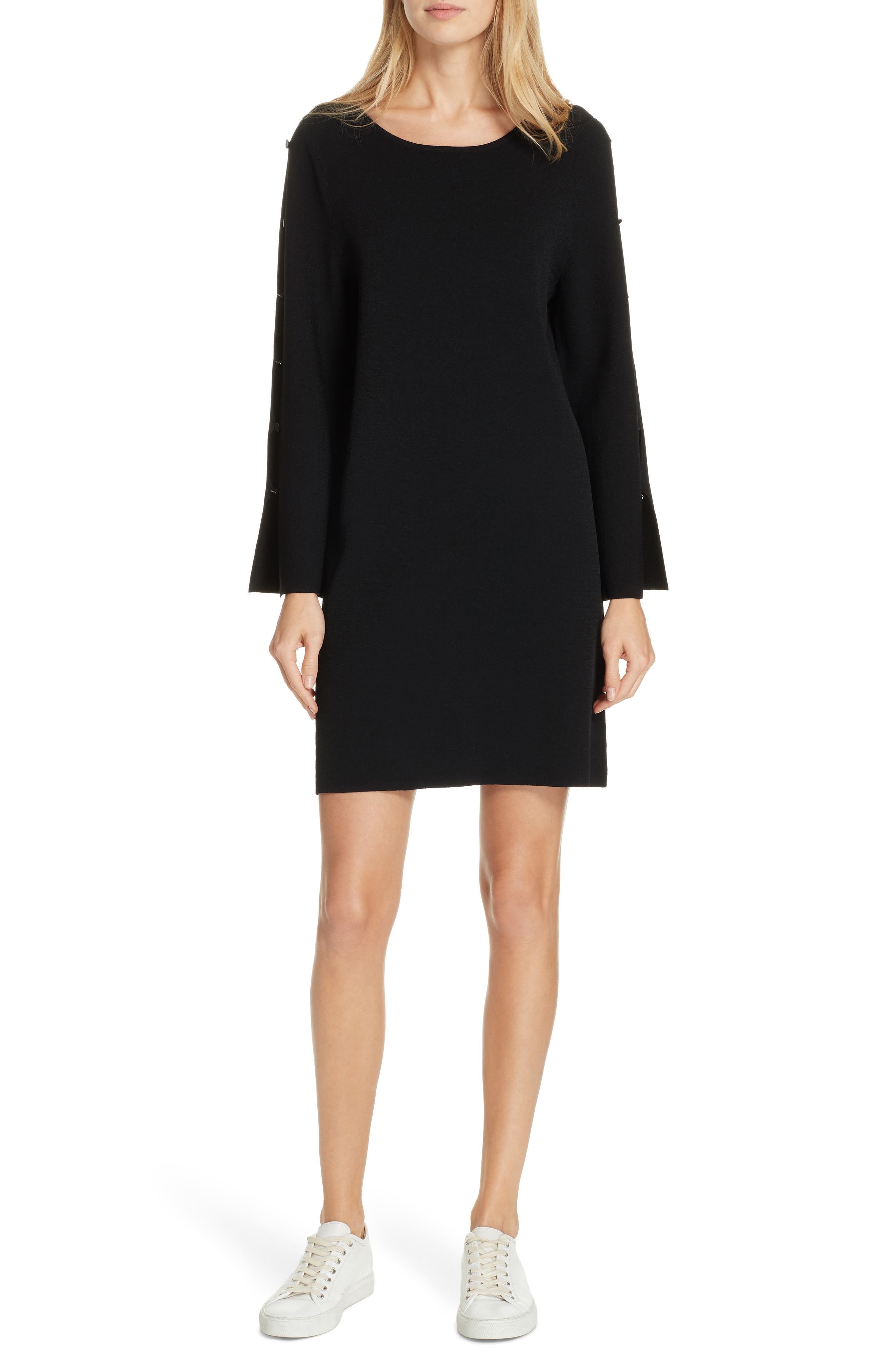 Milly Button Sleeve Shift Dress, Size Petite - Black