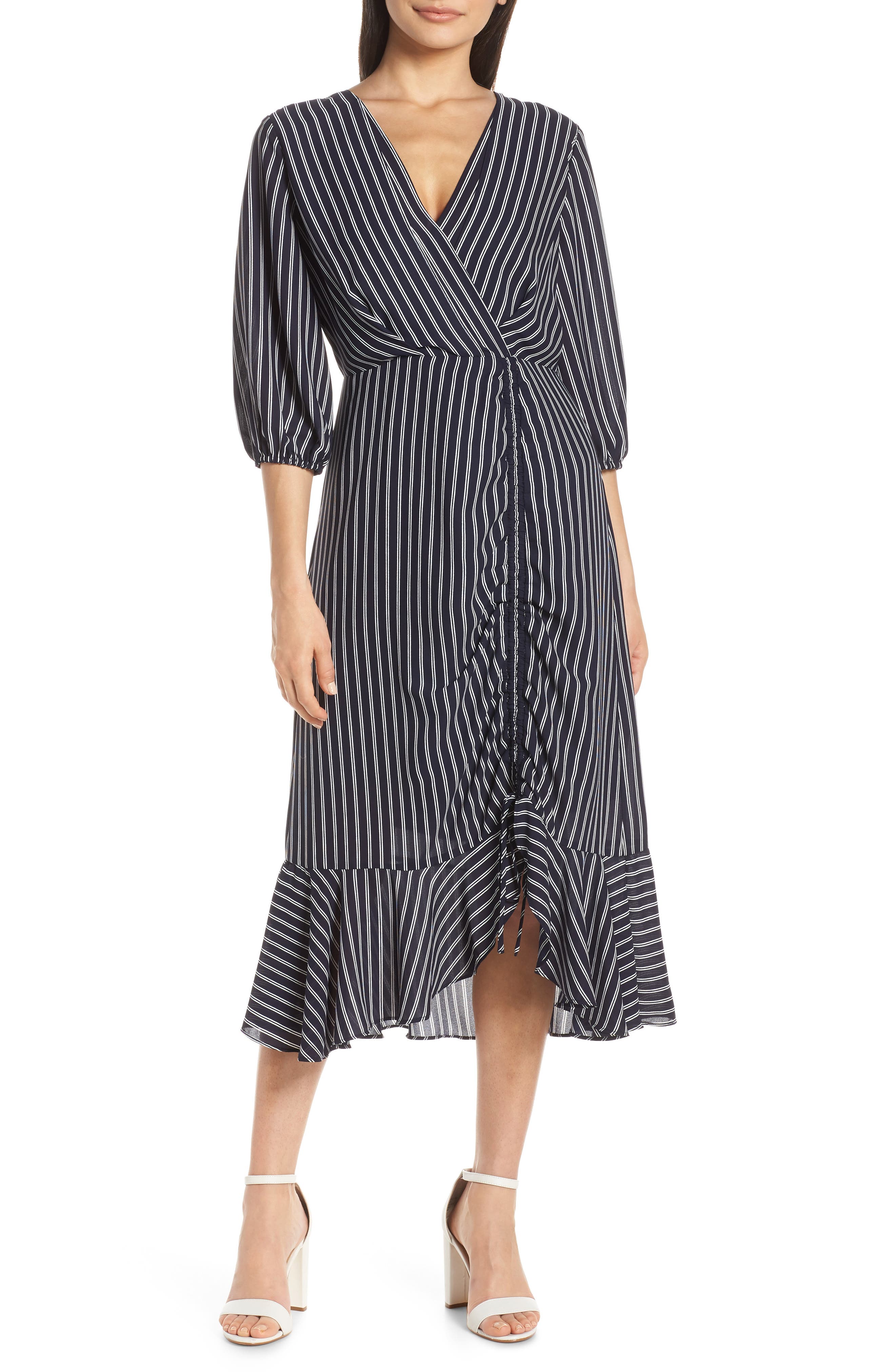Chelsea28 Pinstripe Ruched Dress, Blue