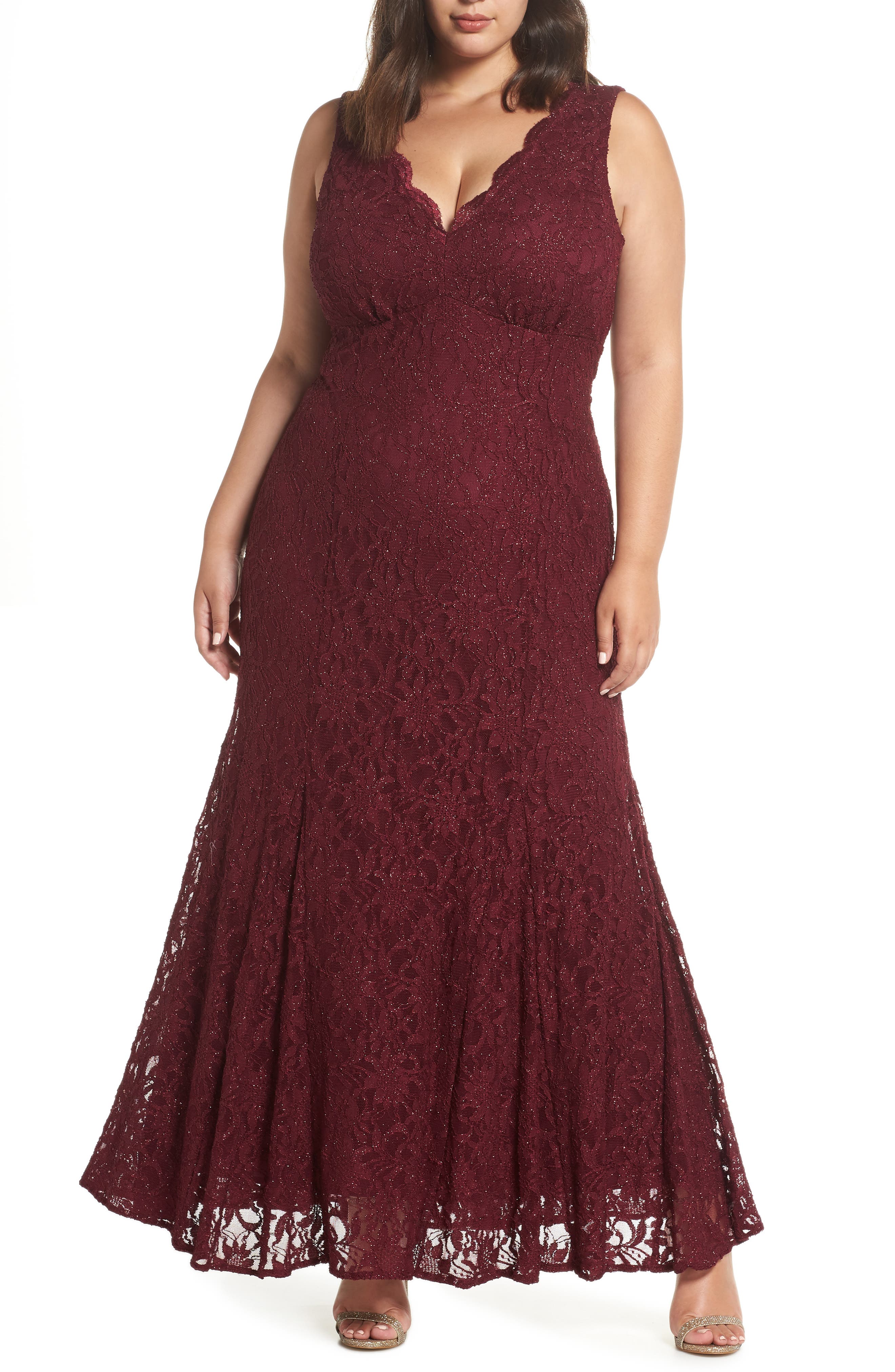 Plus Size Morgan & Co. Lace Scallop Trim Gown, Red
