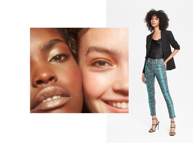 A casual gathering with friends: shimmering eyeshadow and snake-print denim.