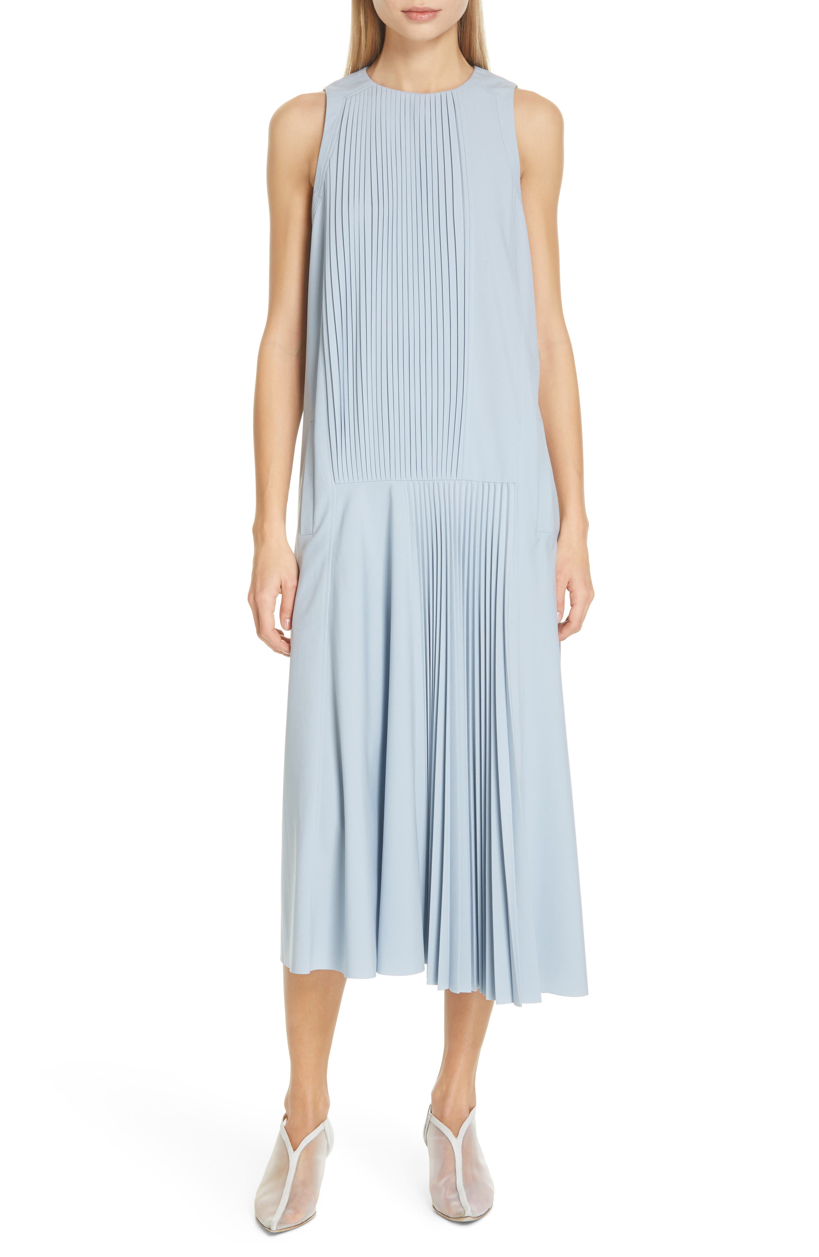 Tibi Edith Pleat Asymmetrical Midi Dress, Grey