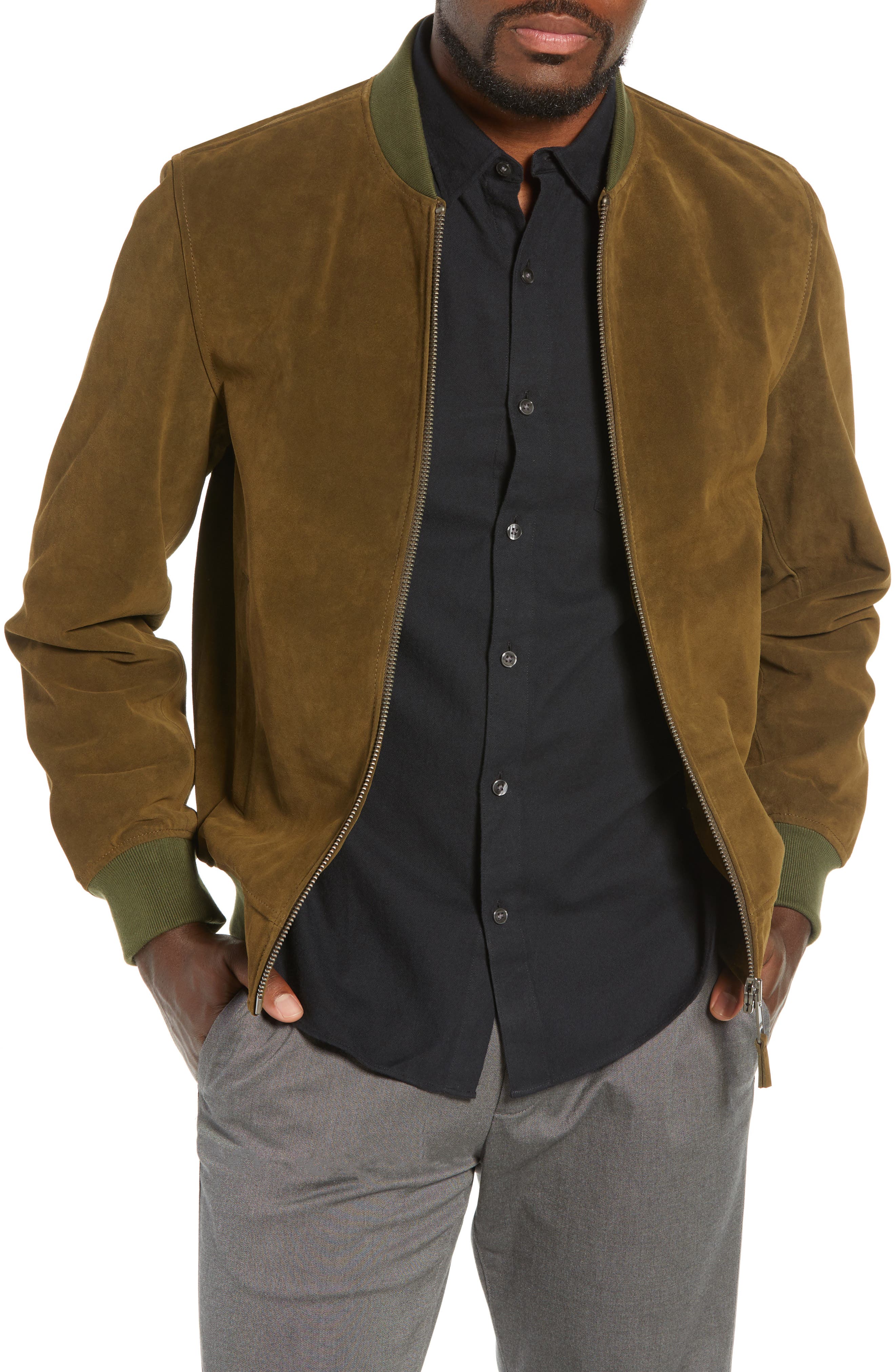 Bonobos Slim Fit Suede Bomber Jacket, Green