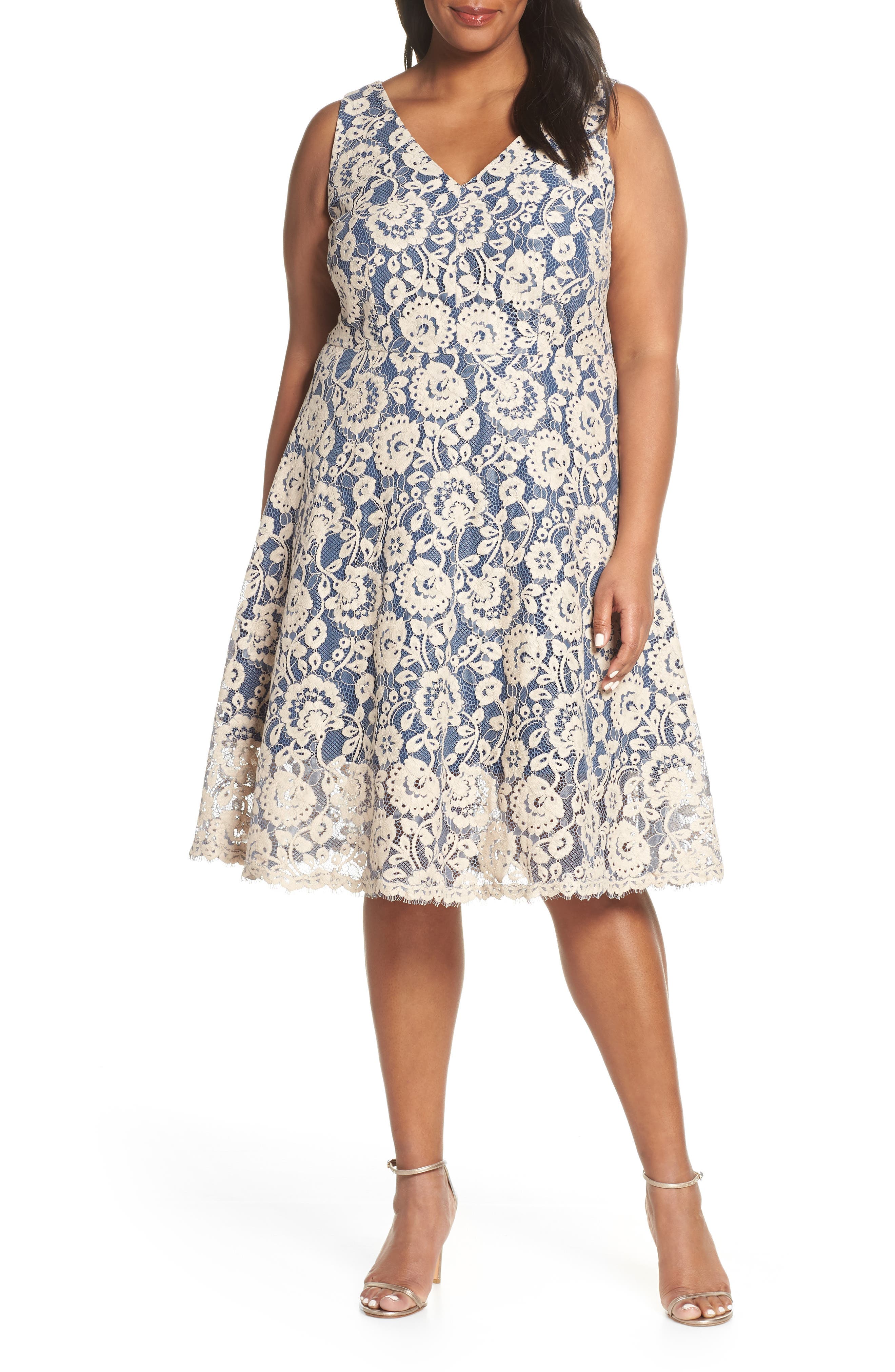 Plus Size Vince Camuto Lace V-Neck Fit & Flare Dress, Blue