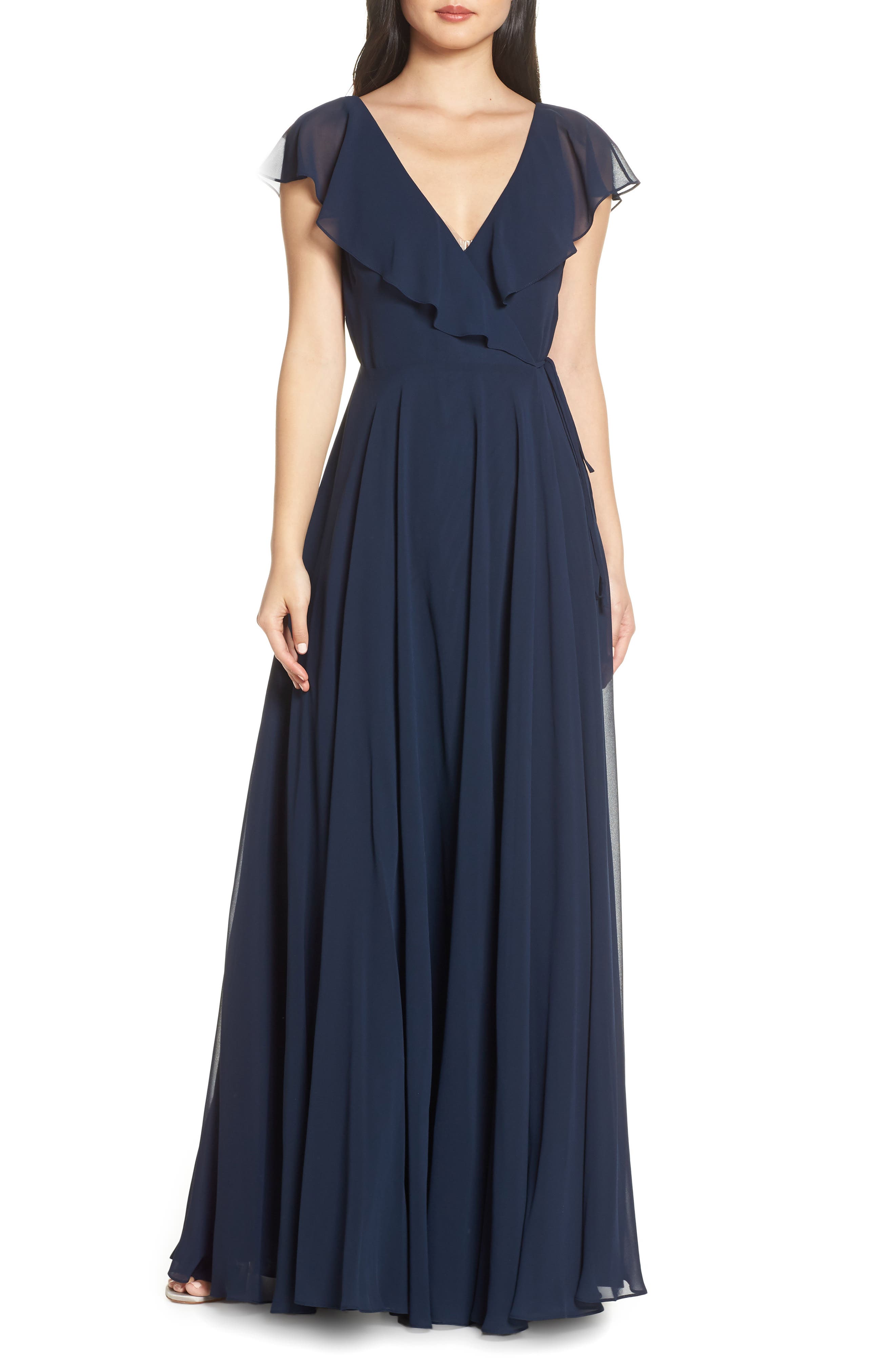 Jenny Yoo Faye Ruffle Wrap Chiffon Evening Dress, Blue