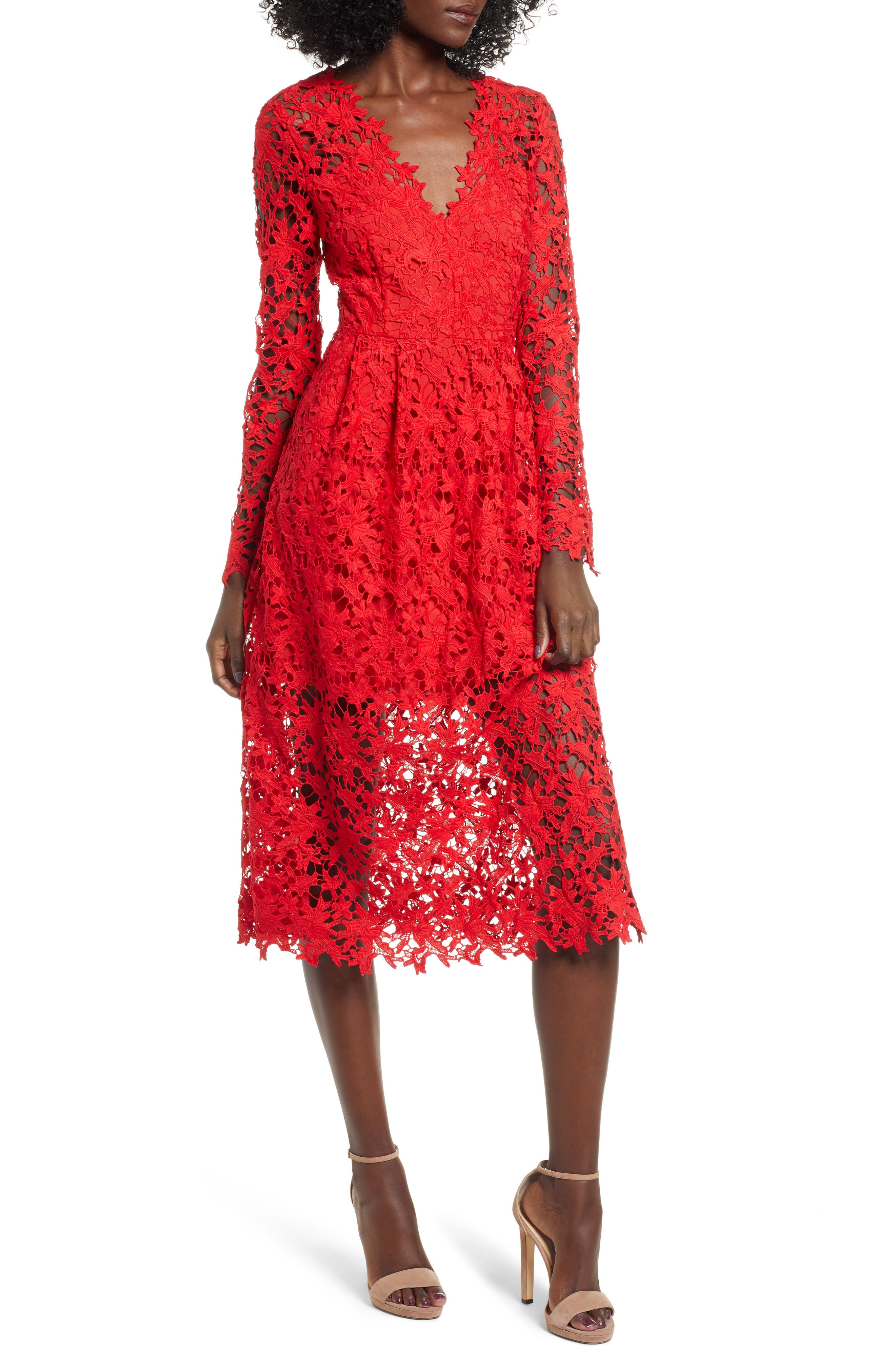 Astr The Label Lace Midi Dress, Red