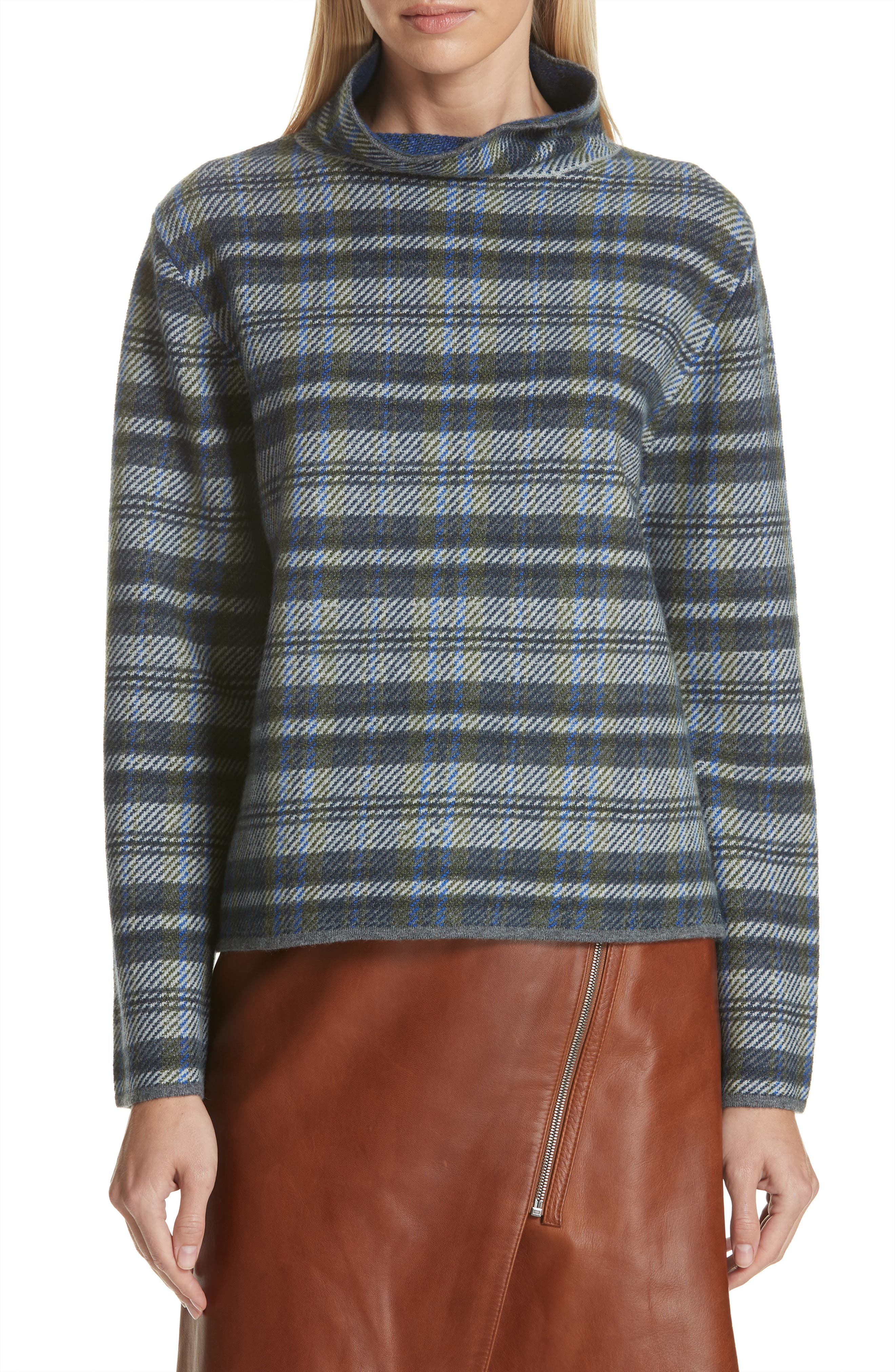 Nordstrom Signature Funnel Neck Plaid Cashmere Blend Sweater, Blue