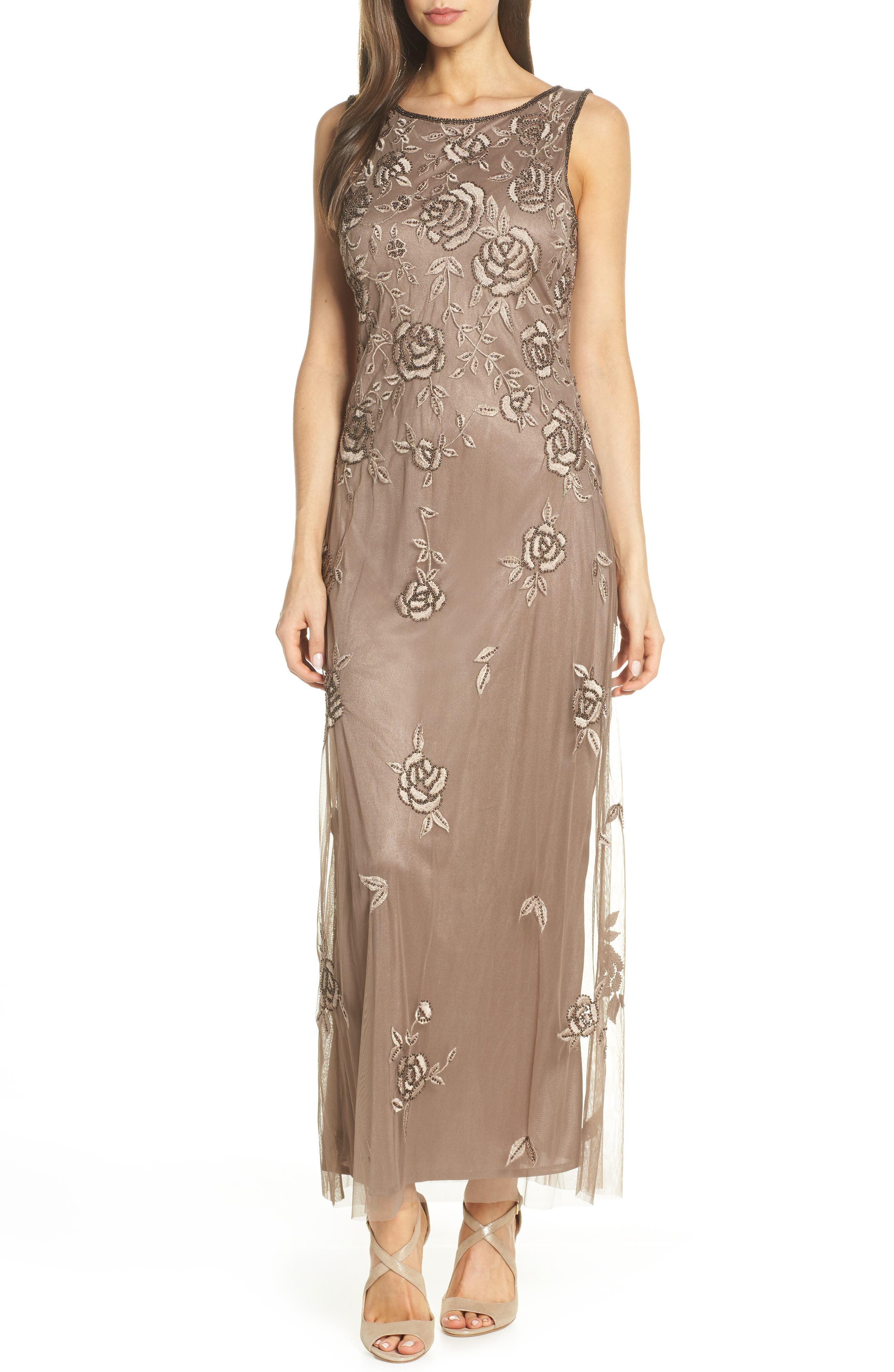 Petite Pisarro Nights Rose Embroidered Long Dress, Beige