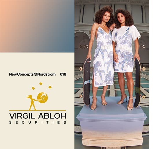 New Concept 018: Virgil Abloh Securities. Models on museum pedestals wear selections from the capsule collection.