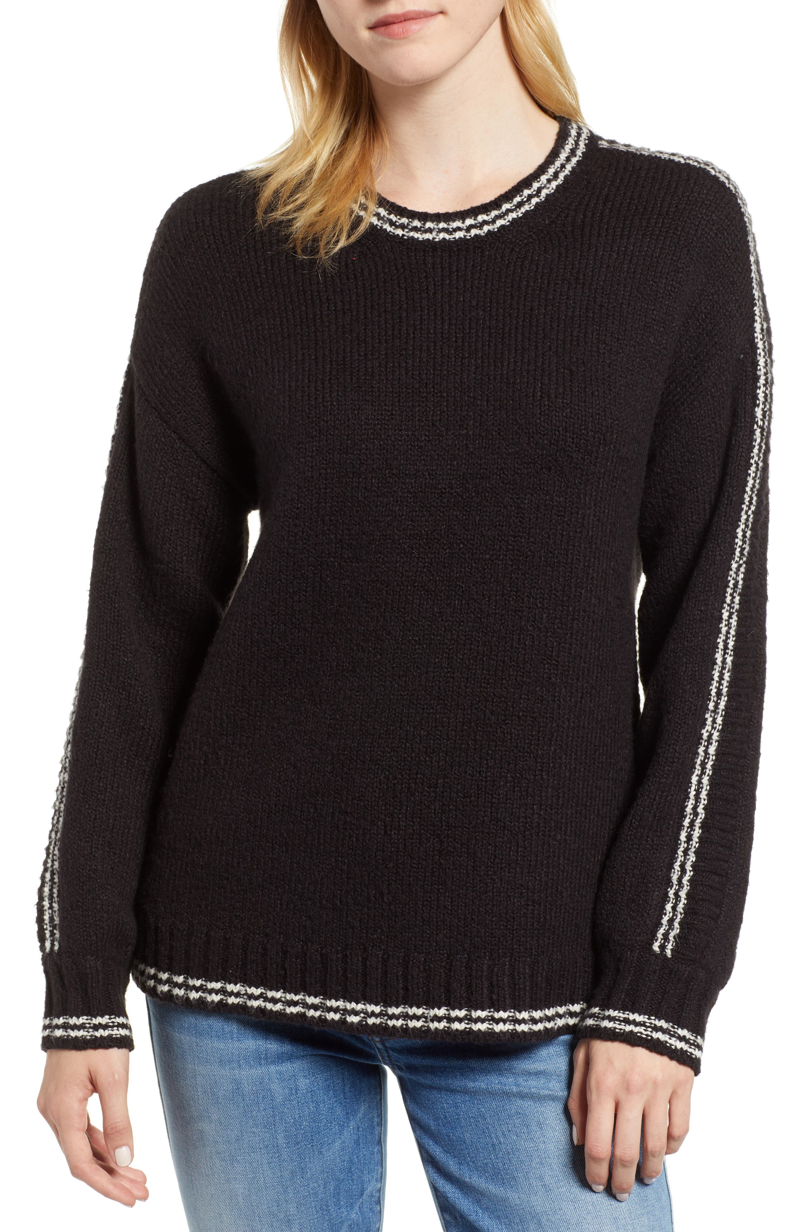 Velvet By Graham & Spencer Stripe Sleeve Cotton Blend Sweater, Black