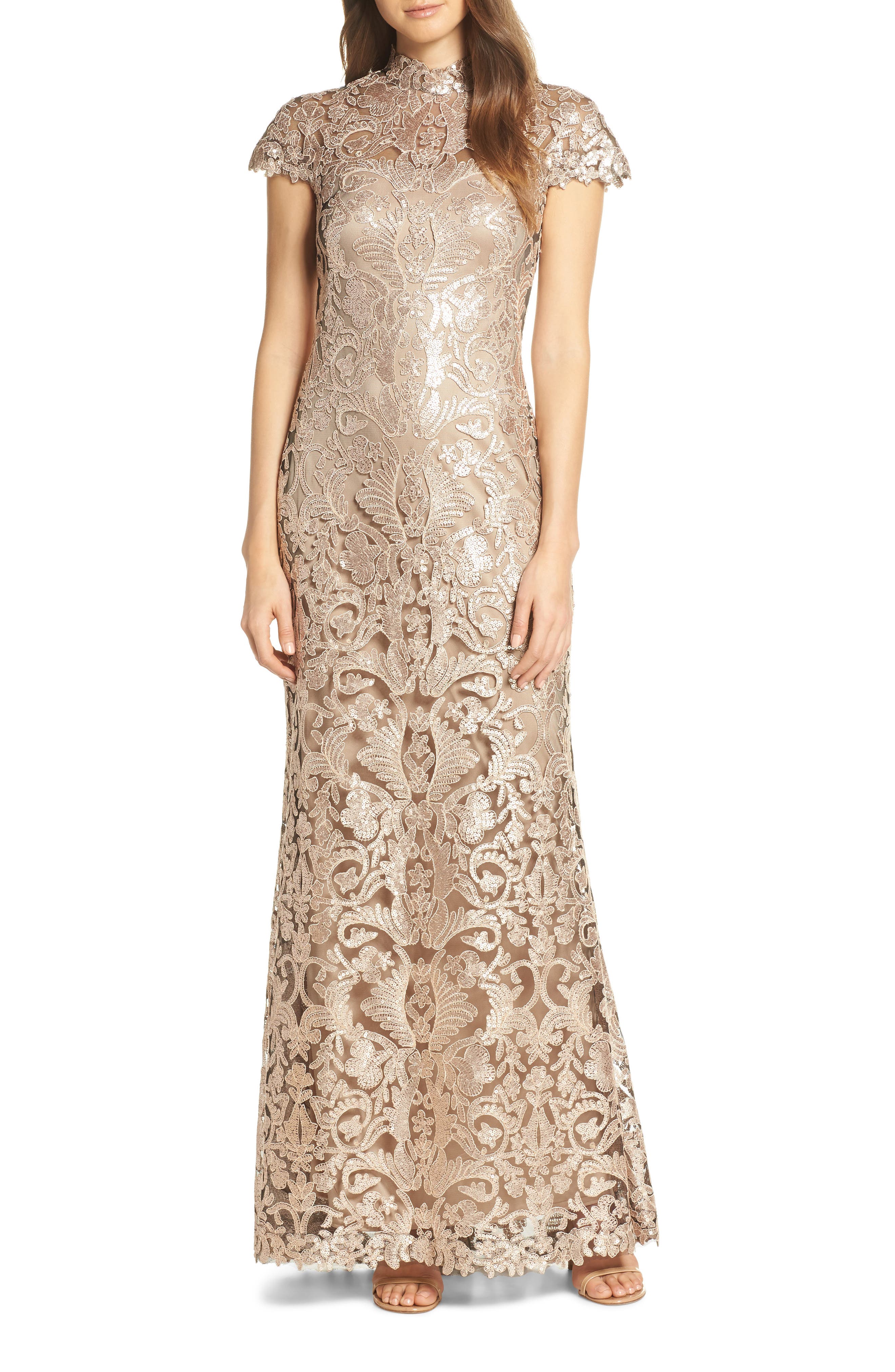 Tadashi Shoji Embellished Mesh Evening Dress, Beige