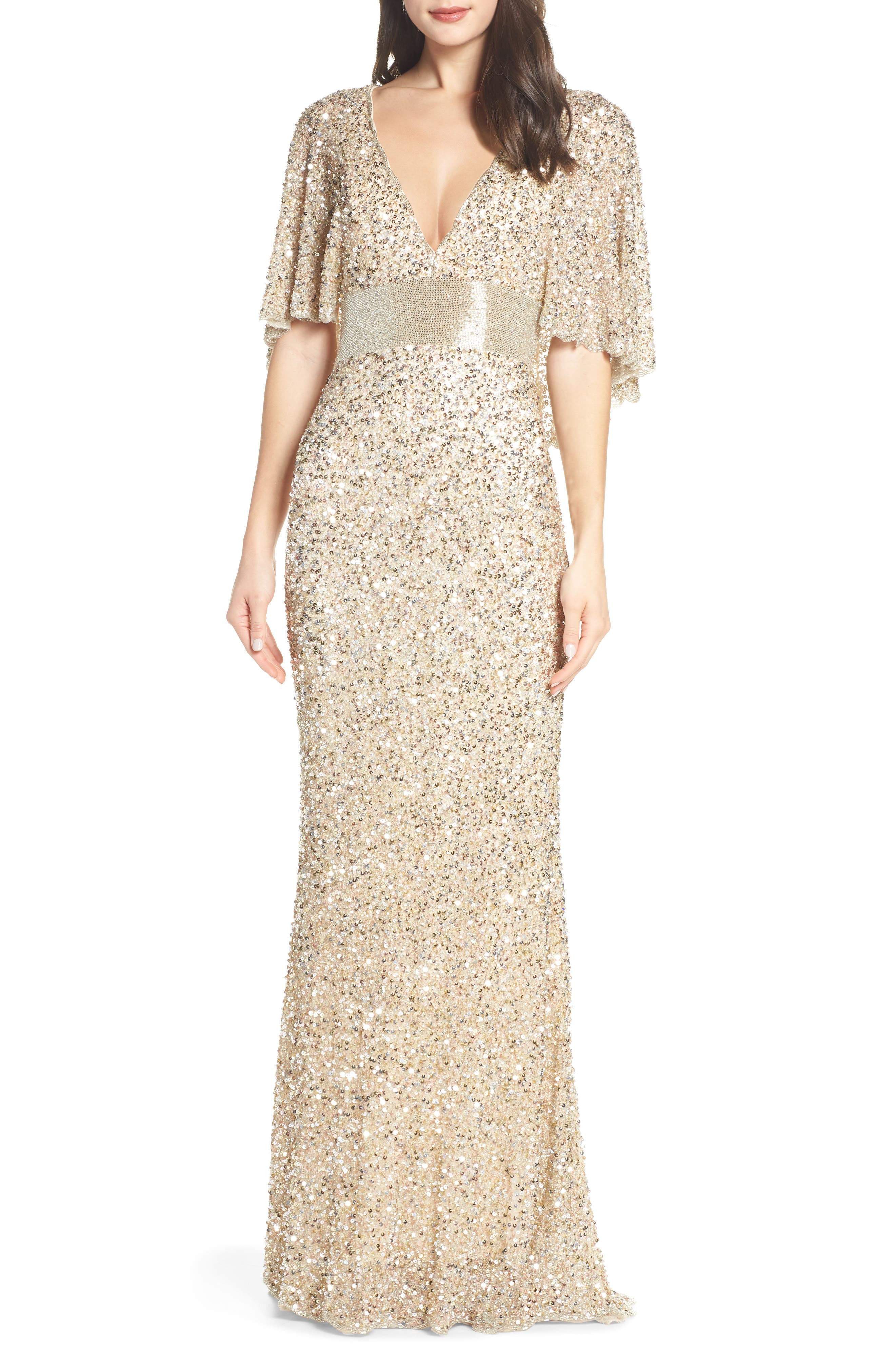 MAC Duggal Beaded Capelet Sleeve Evening Dress, Yellow