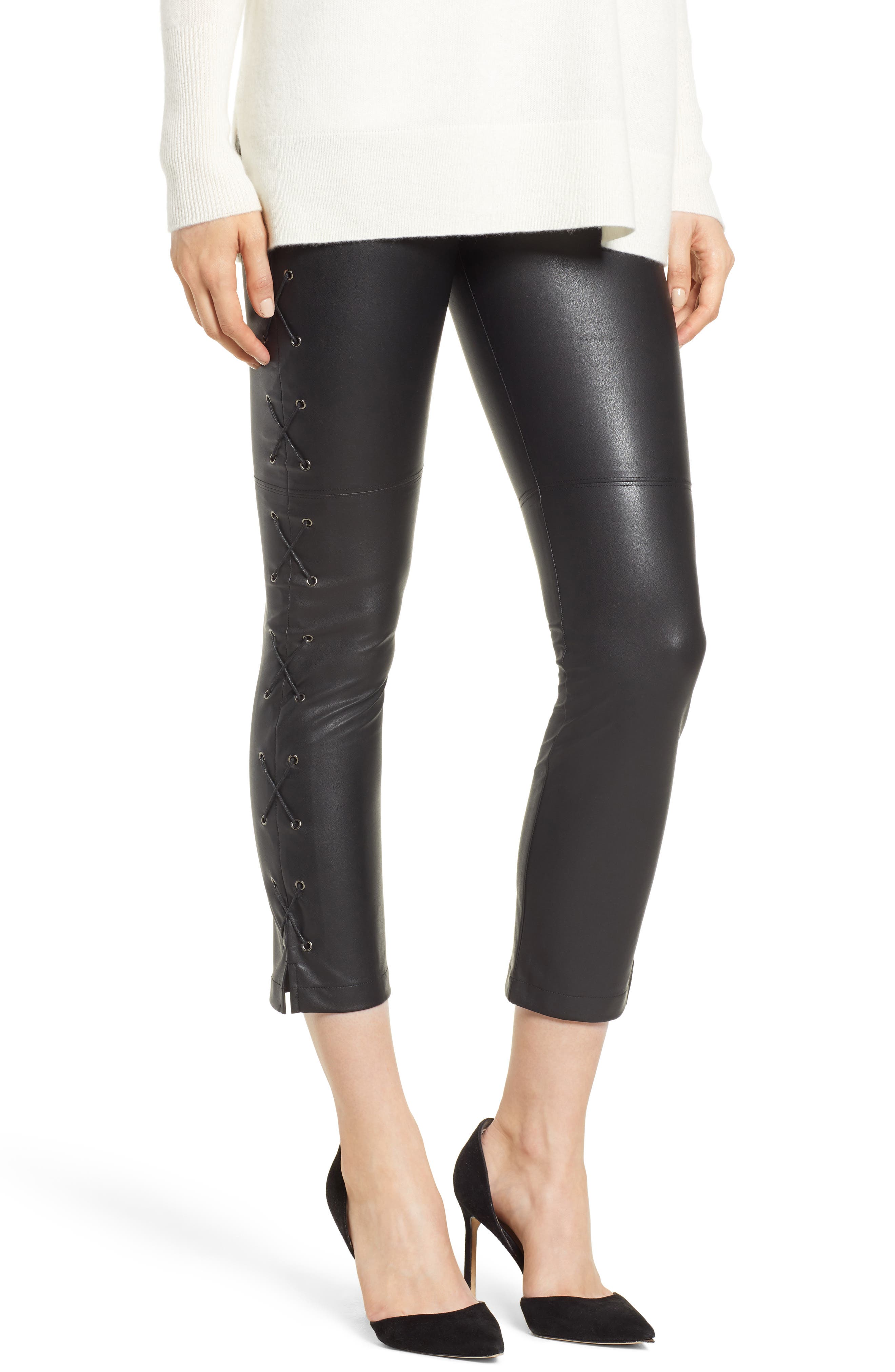 David Lerner Gemma Lace-Up Side Faux Leather Leggings, Black