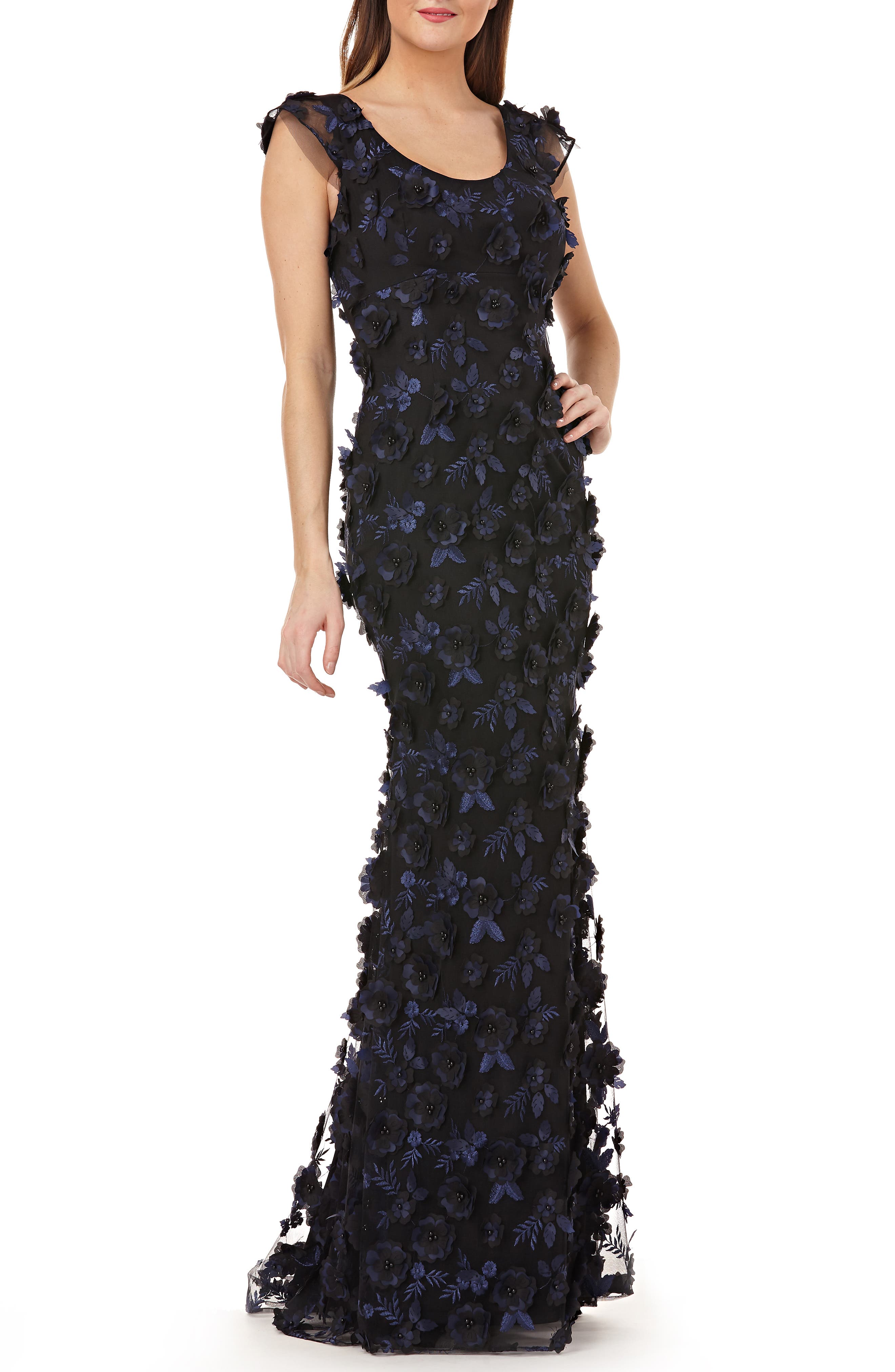 Carmen Marc Valvo Infusion 3-D Floral Evening Dress, Blue