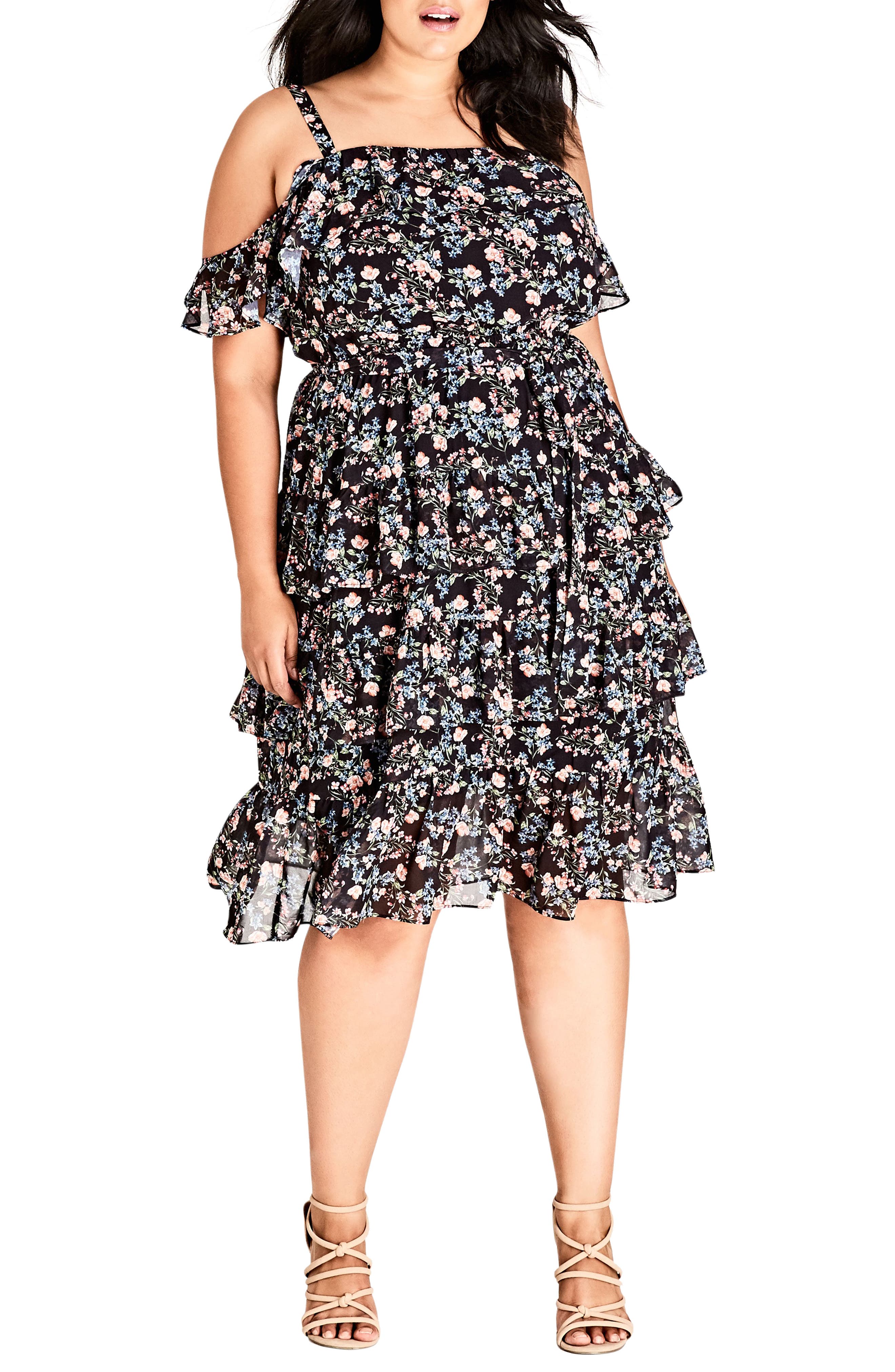 Plus Size City Chic Cold Shoulder Ruffle Dress, Black