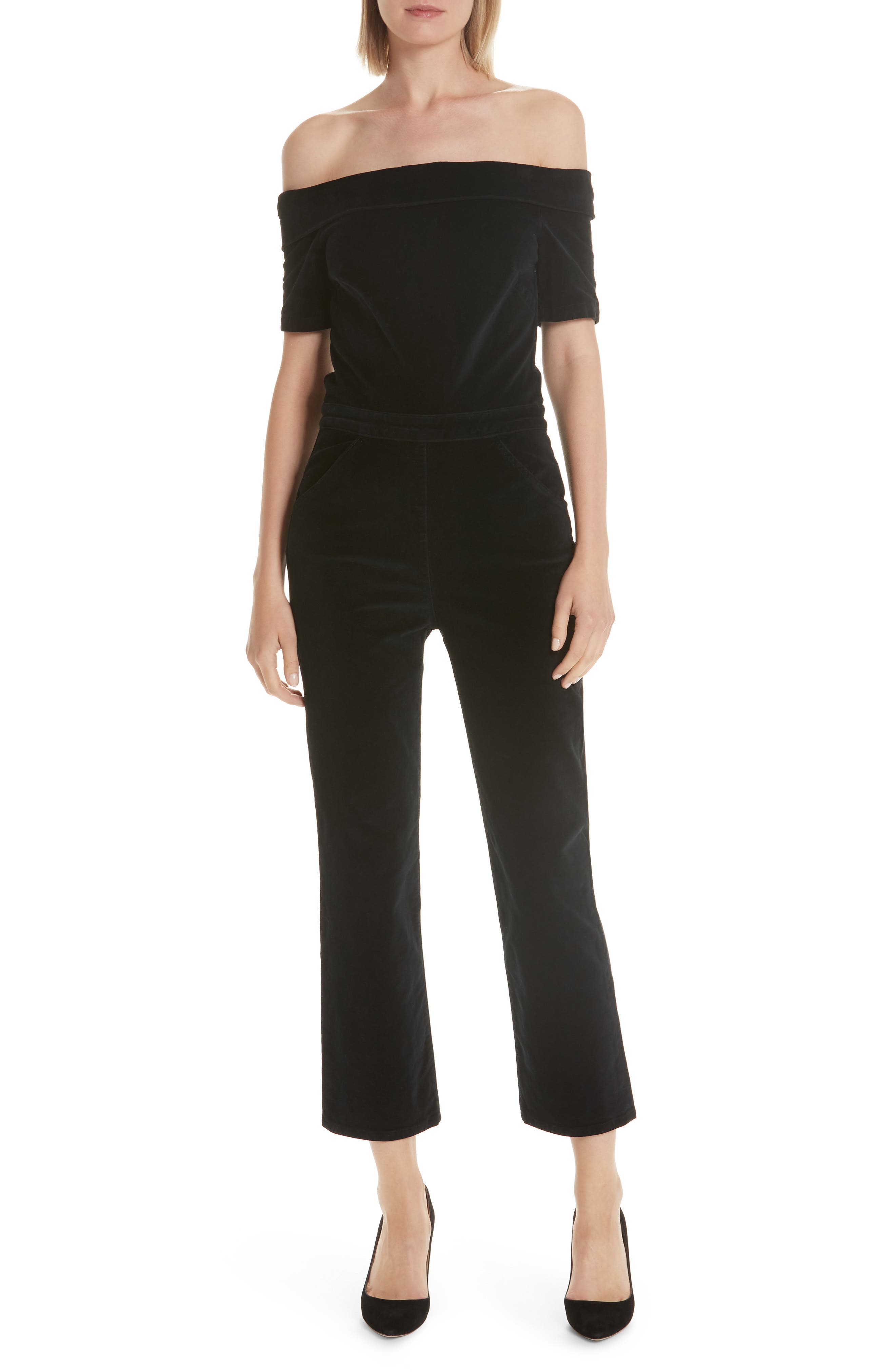 black velvet off the shoulder jumpsuit