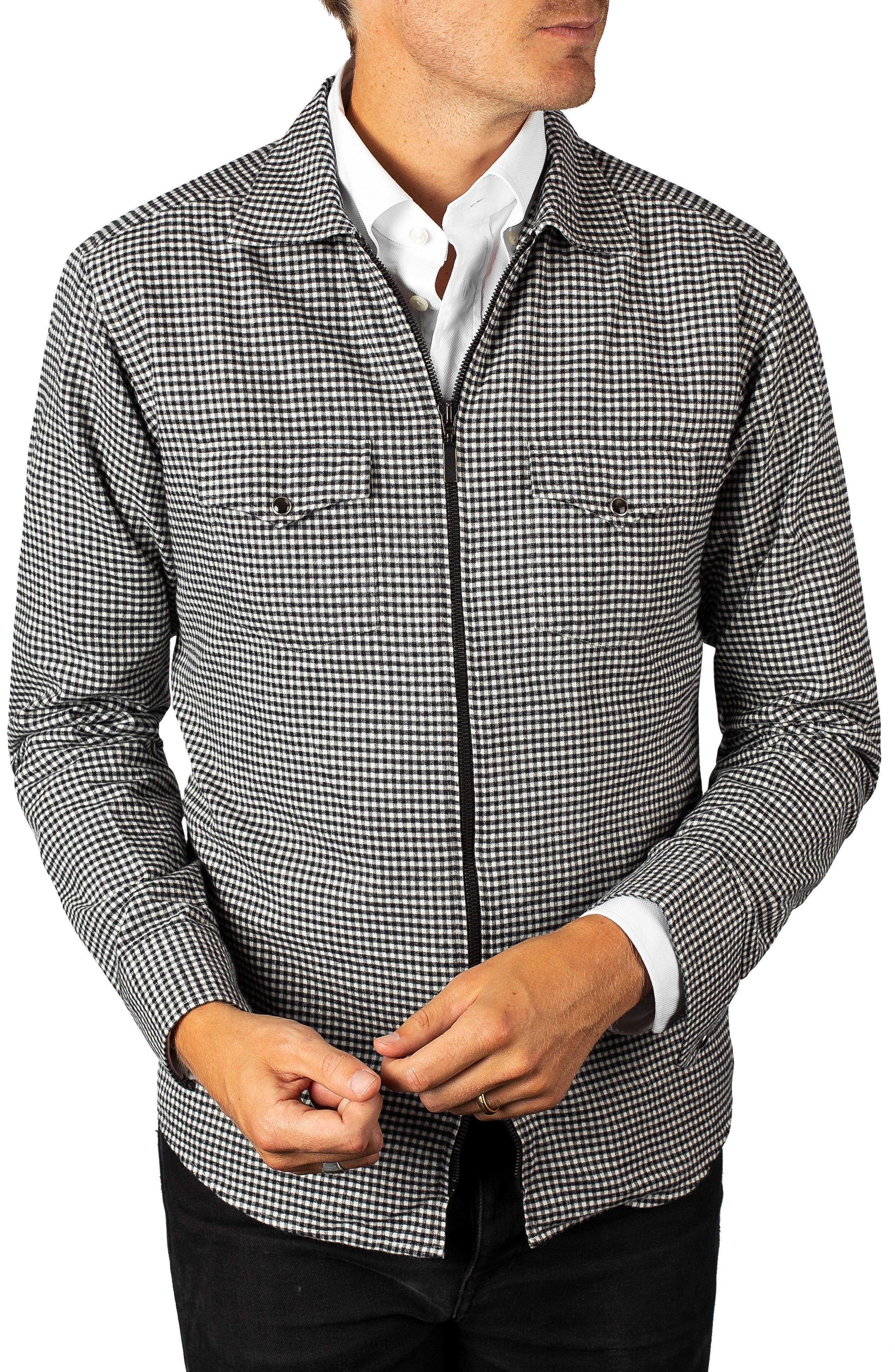 Eton Check Cotton Zip Cardigan, Black