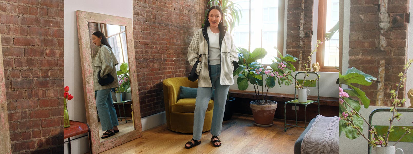 Model Mia Kang wearing jeans, a white tee and printed jacket.
