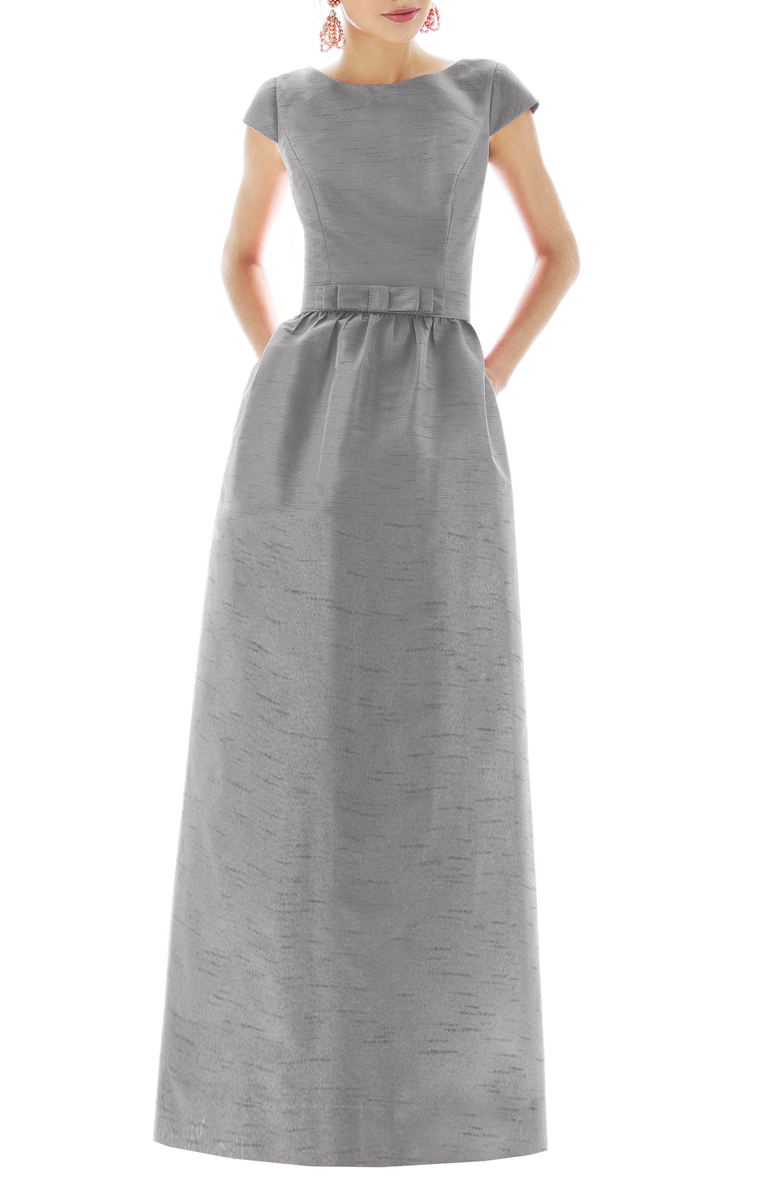 Alfred Sung Cap Sleeve Dupioni Full Length Dress, Metallic