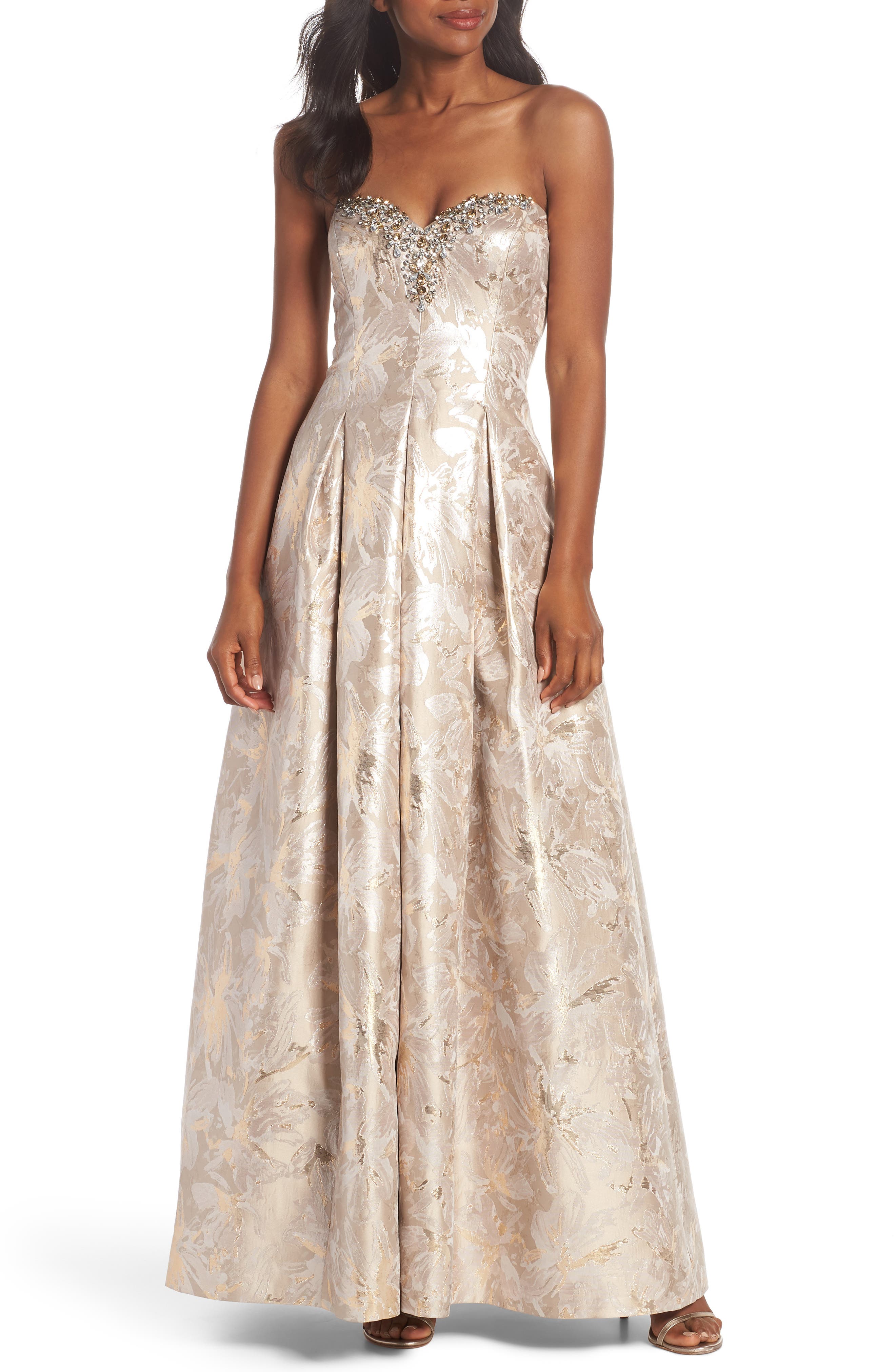 Eliza J Bejeweled Neckline Strapless Ballgown, Beige