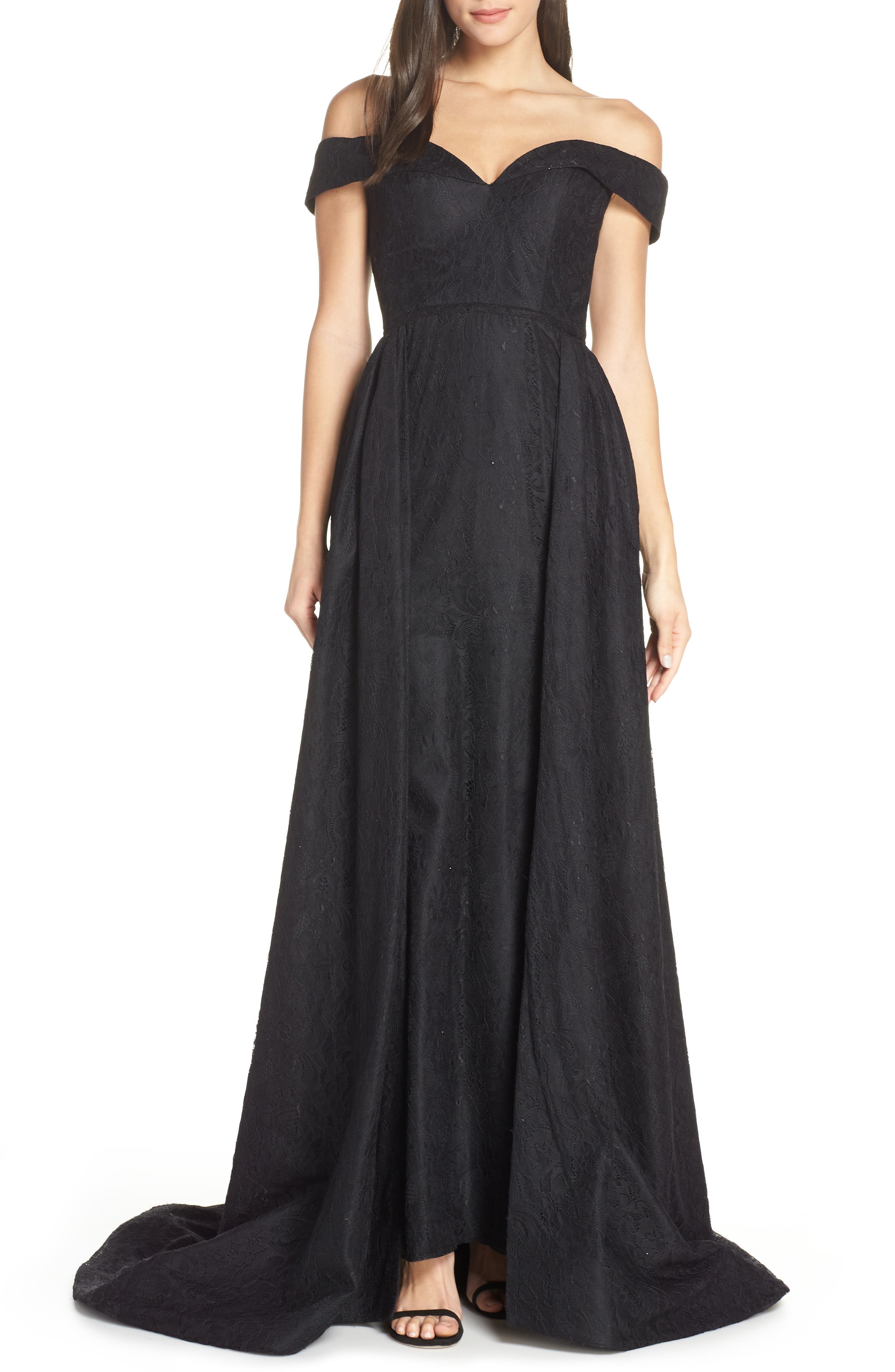 MAC Duggal Off The Shoulder Lace Evening Dress, Black