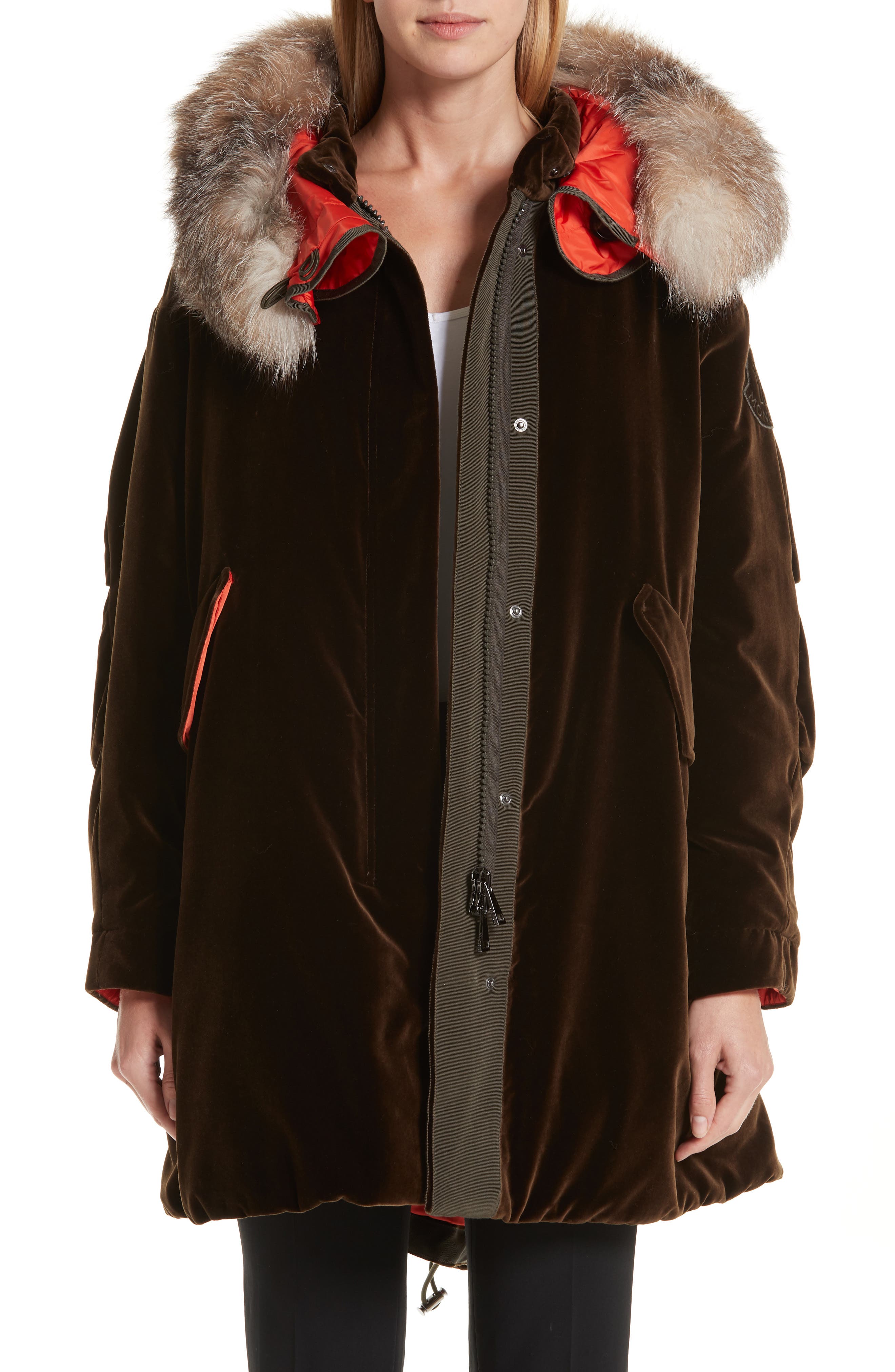 Moncler Tadorne Velvet Down Coat With Genuine Fox Fur Trim, Brown