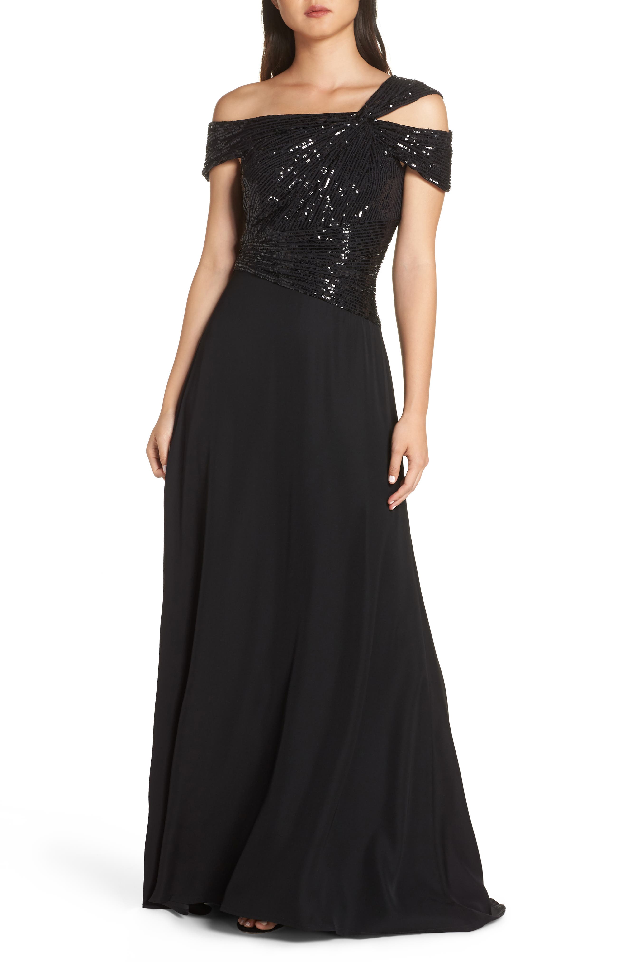 Tadashi Shoji Off-Shoulder Sequin Bodice Gown, Black