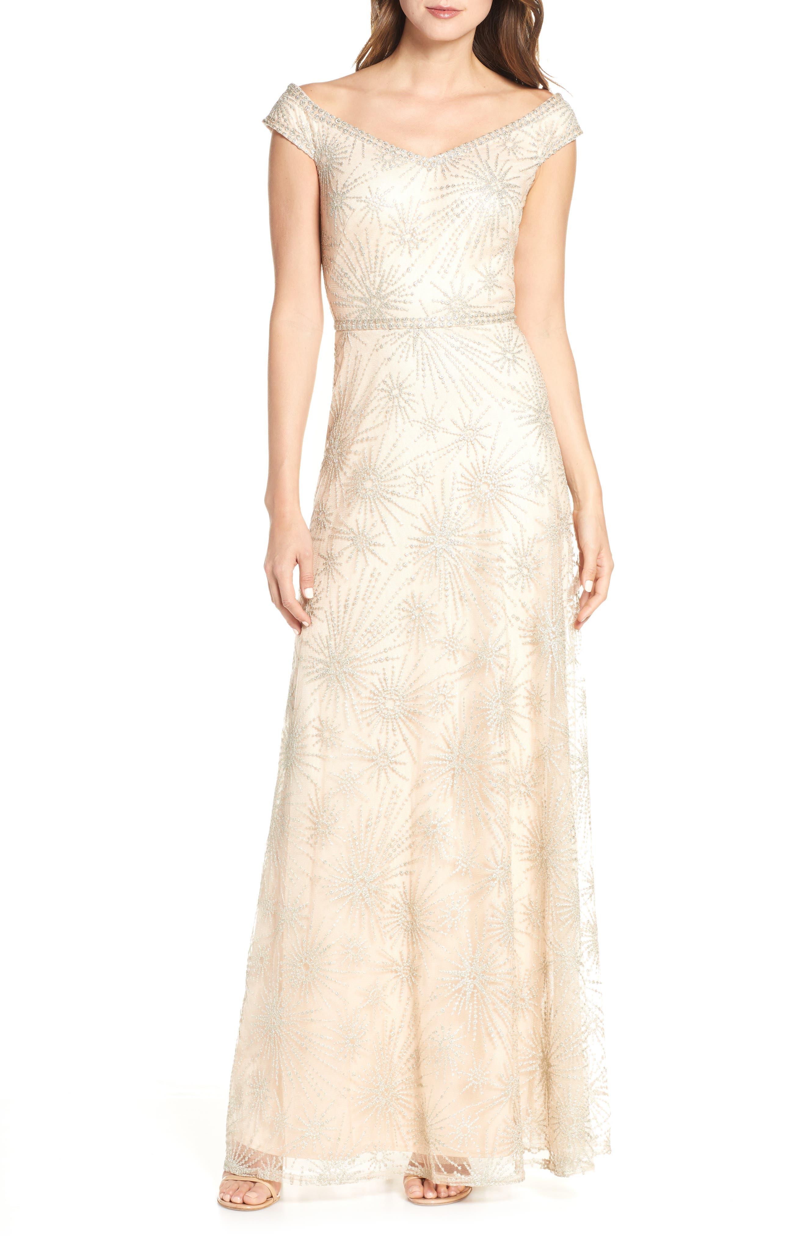 Tadashi Shoji Off The Shoulder Lace Gown, Beige